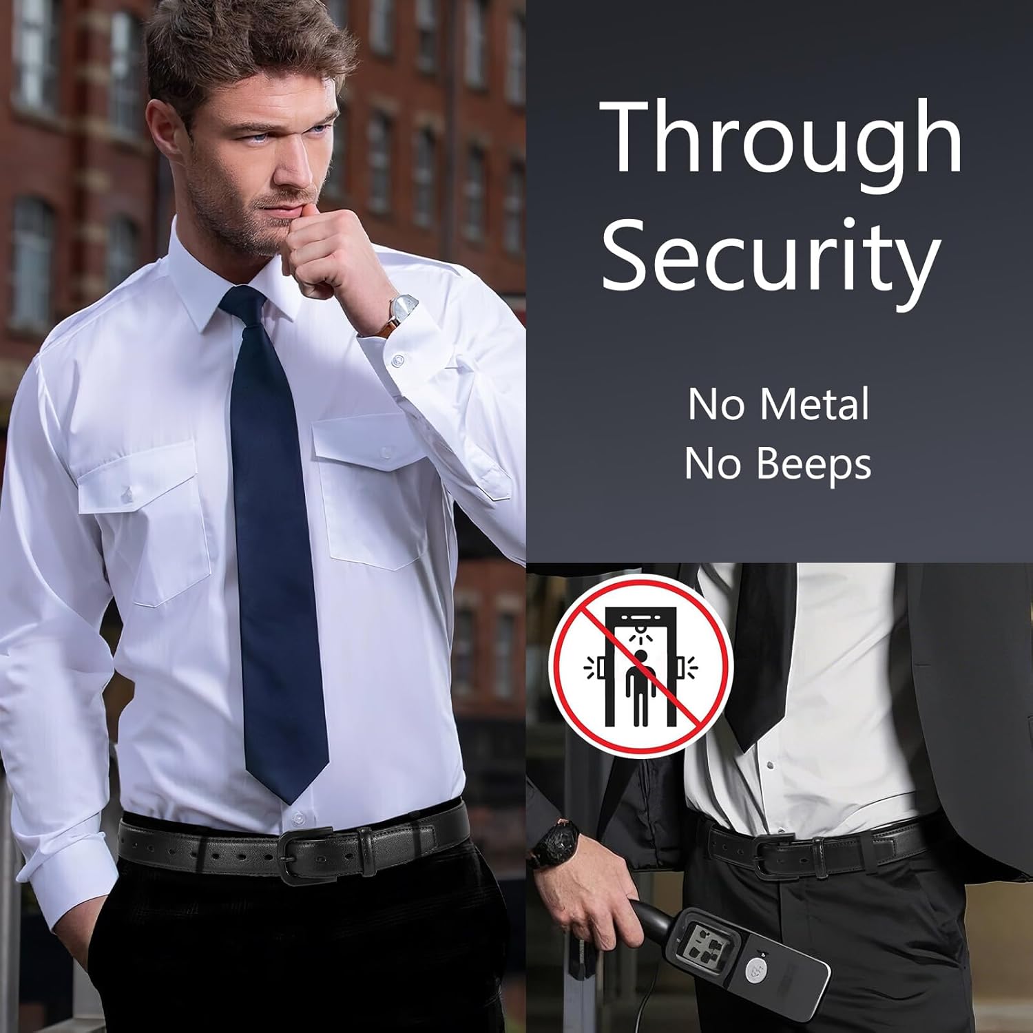 VONMELLI Men's Metal Free Leather Belt TSA Approved Non Metal Belt for Men Jeans with Hypoallergenic Buckle - Image 3