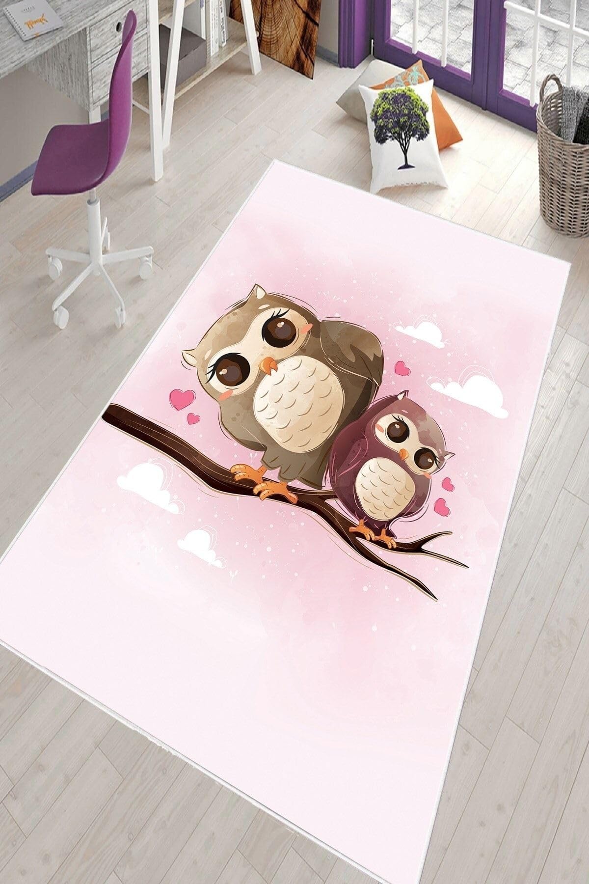 Pelangi Pembe Kuş Desenli Yıkanabilir Kaymaz Taban Leke Tutmazbebek Ve Çocuk Odası Halısı, Pembe-Kahve 80 x 600