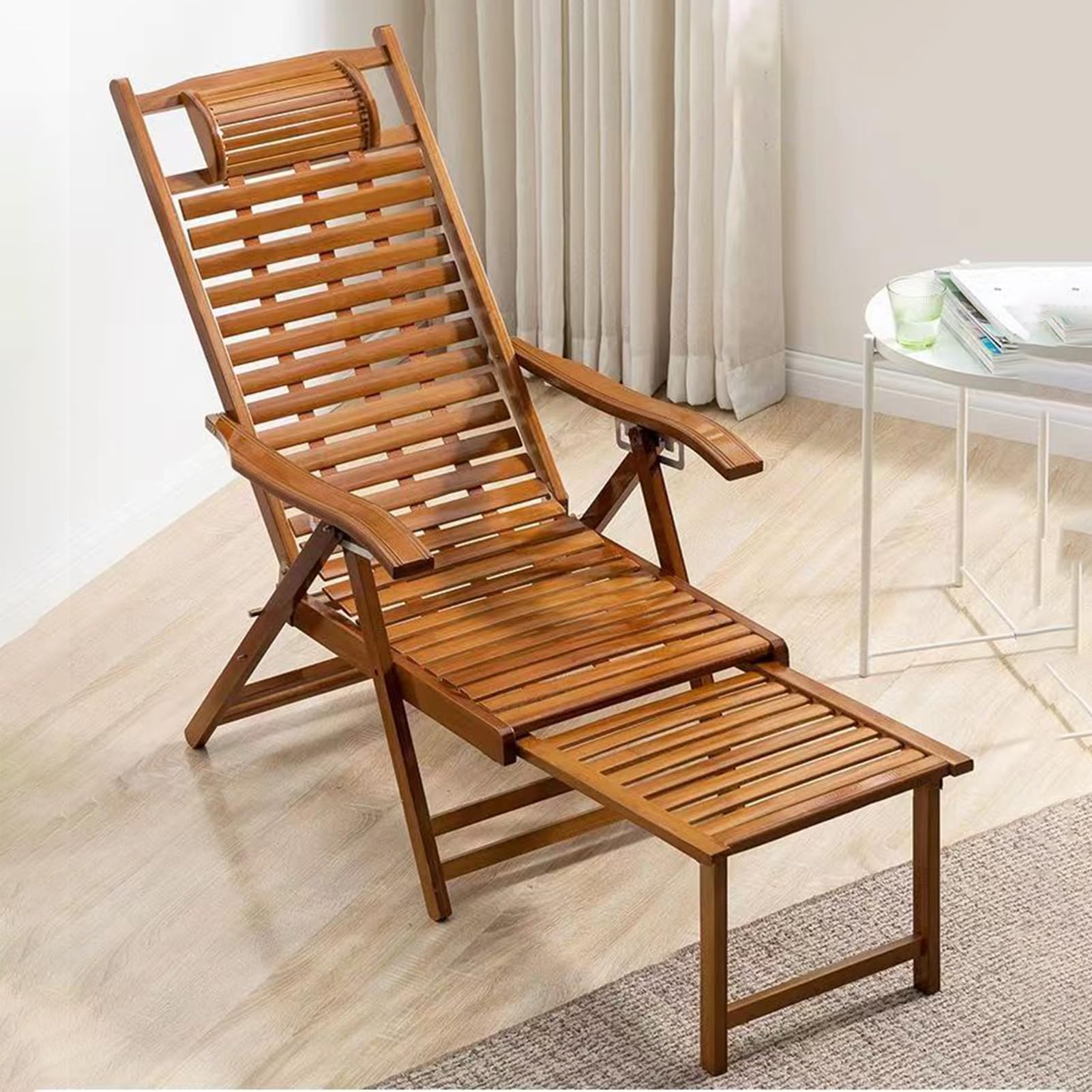 Sedia a sdraio regolabile in bambù con poggiapiedi, pieghevole, sedia da giardino con funzione reclinabile, in legno, per giardino, soggiorno, terrazza e balcone