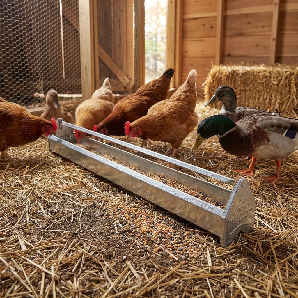 Suinga Set di 4 Mangiatoie in Metallo per Galline | Griglia 100x10x13 cm | Sistema Anti-Posatoio | Anti-Spreco con Mulino Rotante | Ideale per 24 Polli