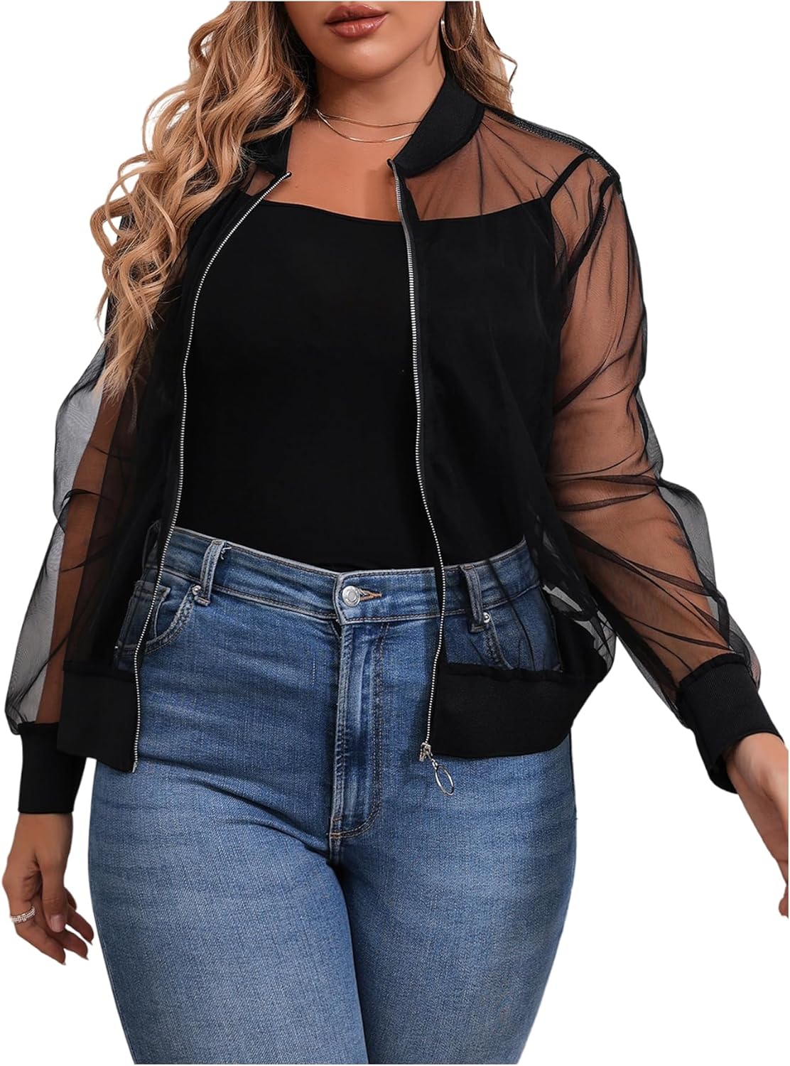 OYOANGLE Women's Plus Size See Through Long Sleeve Coats Lightweight Zip Up Sheer Mesh Jacket Outwear