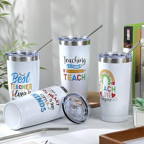 Miniatura 4 de Rtteri Vaso de acero inoxidable de 20 onzas con tapas y cepillos para pajitas, regalo de agradecimiento para profesores, 4 piezas, para graduación,