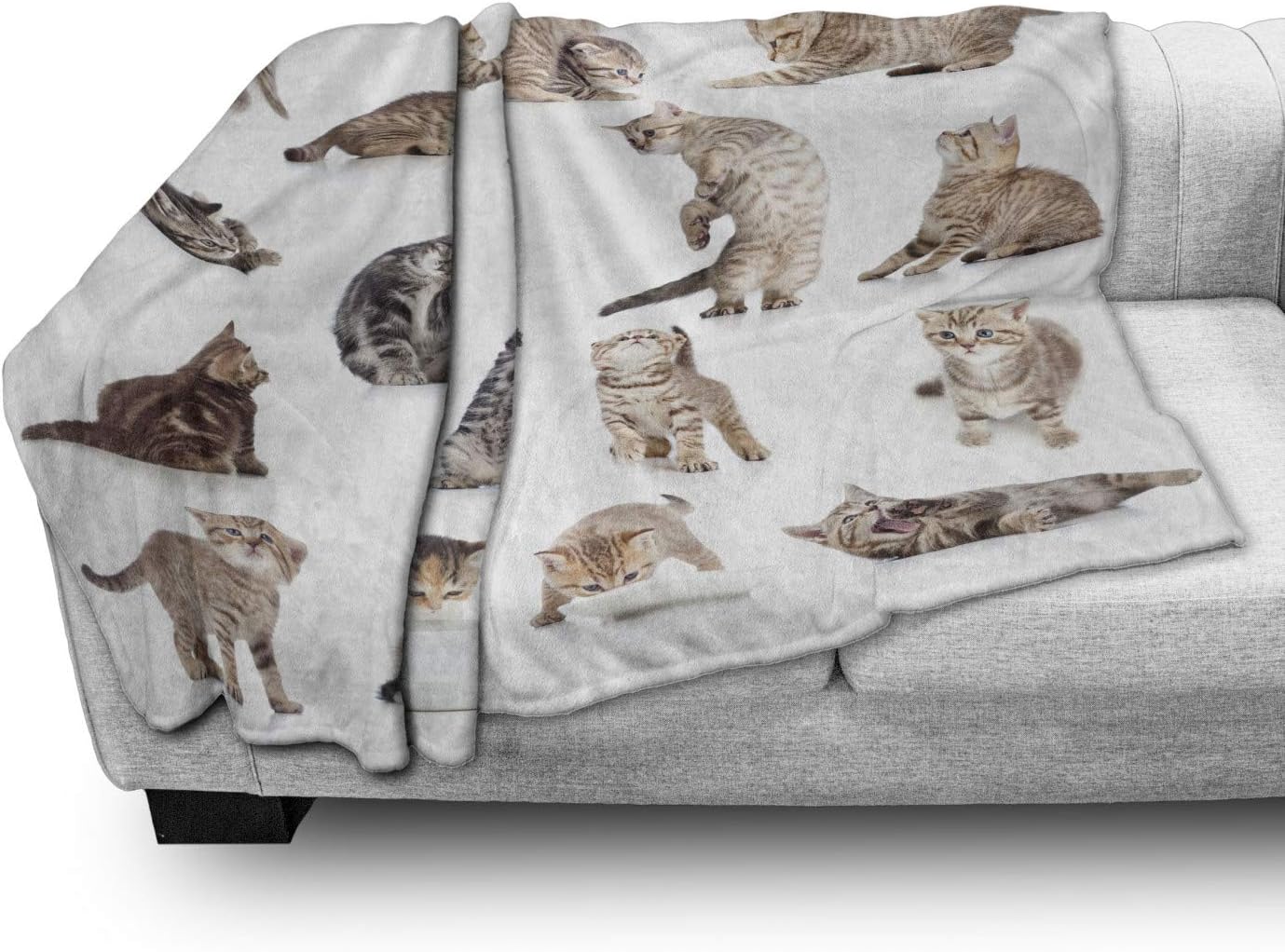 Lunarable Cat Throw Blanket, Group of Funny Playful Kitten Pet Scottish Tabby Striped Pussu Animal Design, Flannel Fleece Accent Piece Soft Couch Cover for Adults, 60" x 80", White Grey