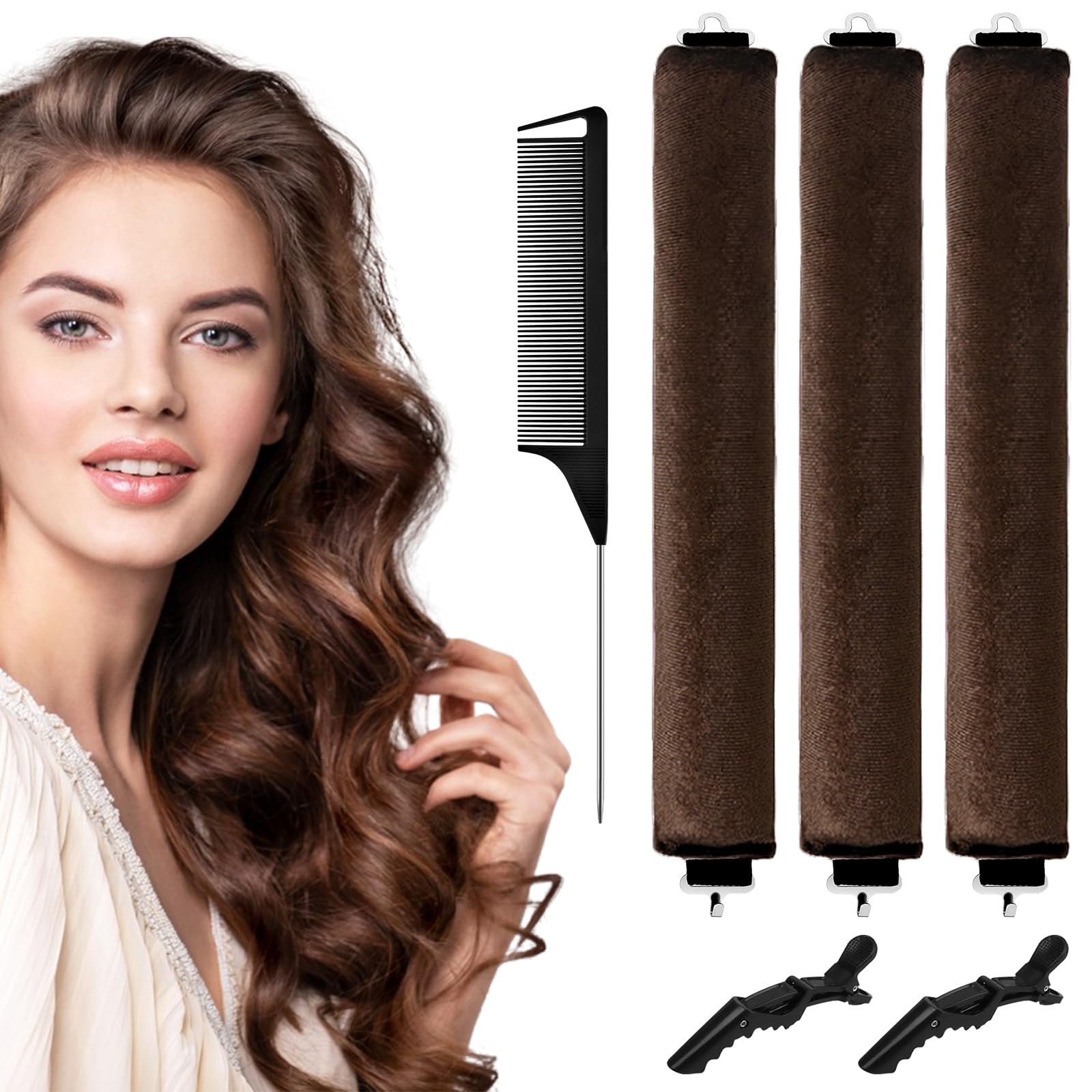 WuGU 3Pcs Rizador de Pelo Sin Calor, Rizadores de Ondas Para Dormir, Rulos Pelo Nocturnos, DIY Rizos Sin Calor Flexibles con Gancho y 2 Clips, para Rizos Rizados, Cortos o Lisos (Marrón)