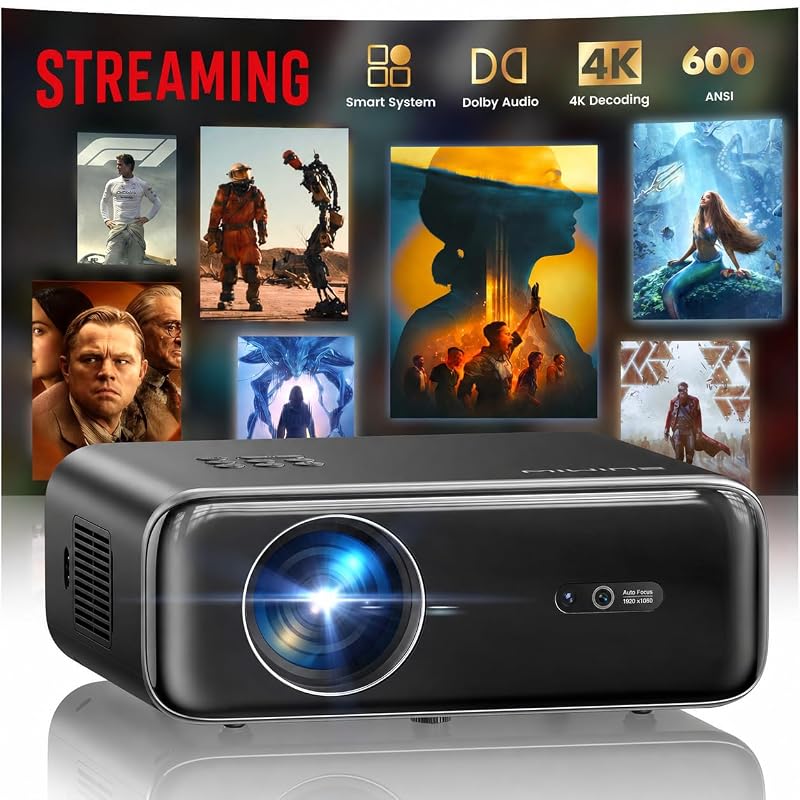 [Built-in Apps/4K Support] Smart Outdoor Projector with WiFi and Bluetooth, Movie Projector, DoIby Audio with Dual Speaker, Auto Focus w/ YouTube&PrimeVideo Proyector, Upgrad P62 Pro Standard Black