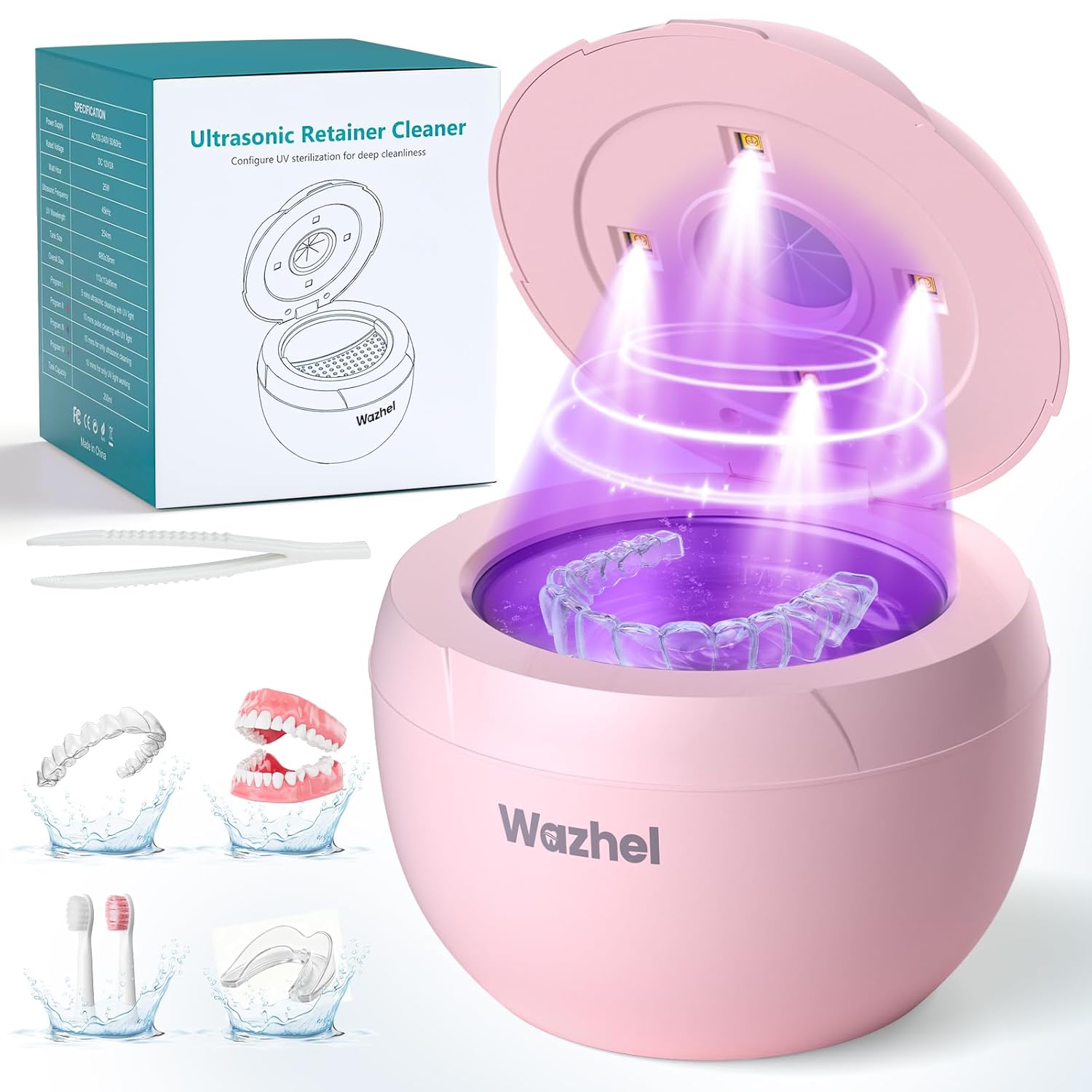 Ultrasonic Retainer Cleaner Machine, 45kHz Dental Cleansing Pod for Denture, Mouth Guard, Evening Guard, Aligner, Braces, Toothbrush, 200ML Denture Cleaner with Digital Timer & 4 Modes, Pink