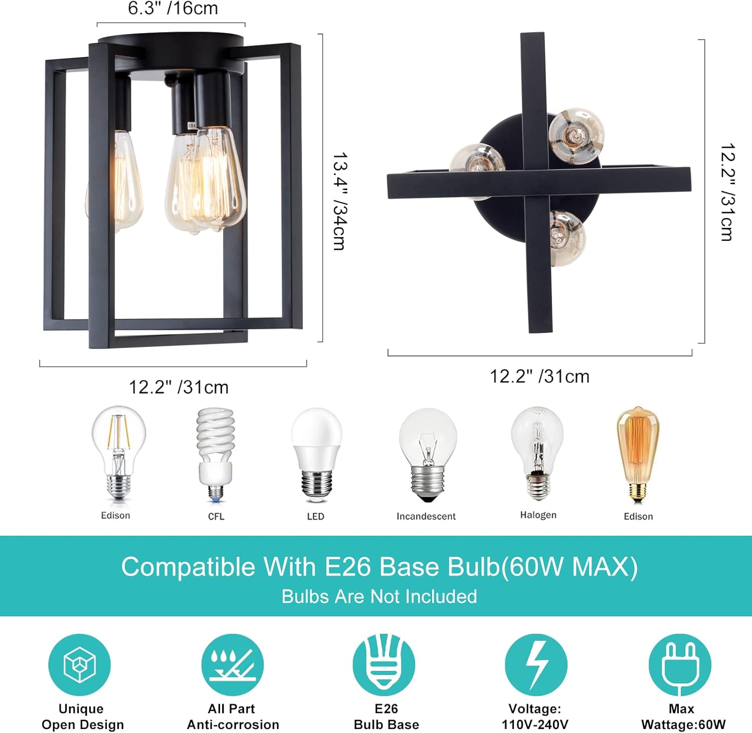 Vintage Square Black Ceiling Light Fixture, 3-Light Industrial Farmhouse Modern Metal Geometric Ceiling Lamp for Living Room, Kitchen, Bedroom, Dining Room, Foyer, Hallway