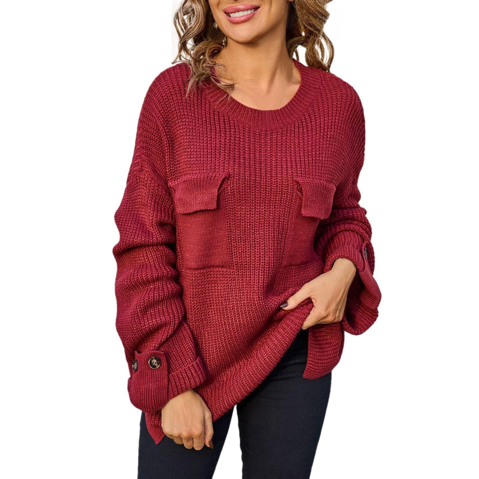 Damen Oversize Strickpullover Langarm Pullover Lockere Passform Taschen Tunika Top Weich Bequem Rundhals Winter Herbst
