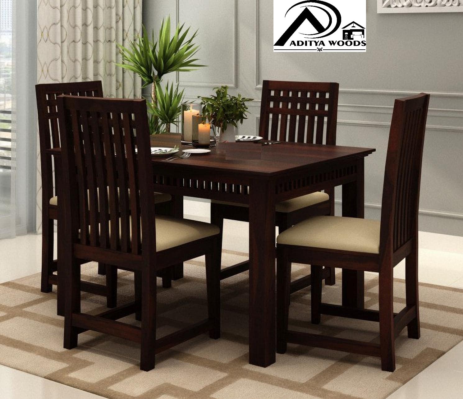 Solid Sheesham Wood Four Seater Dining Table Set with 4 Chairs for Living Room Home Wooden 4 Seater Dining Table Set for Office Restaurant Modern Dining Room Set- Walnut & Beige-image-46