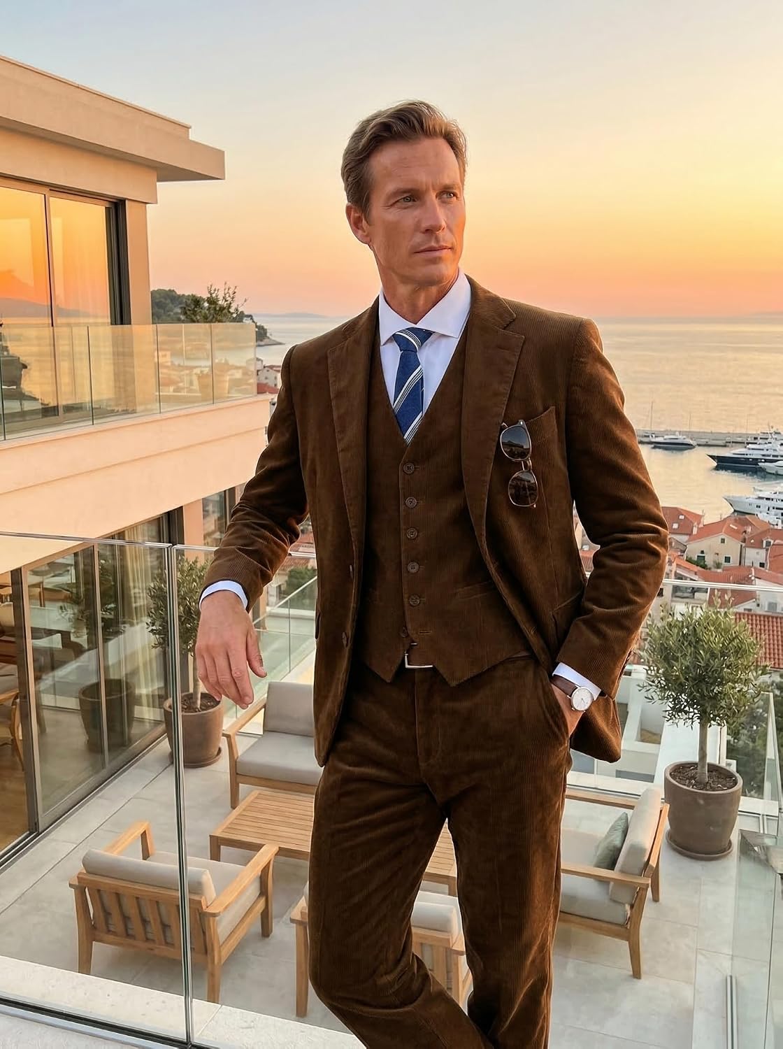 Men's 3-Piece Corduroy Suit Set Blazer Vest and Pants Wool Blend for Fall Winter Wedding Business Prom