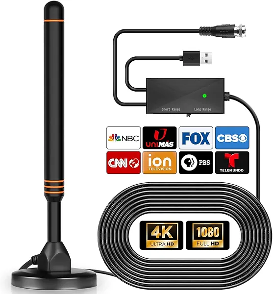 TV Antenna-Smart TV Antenna 600+ Miles Coverage Range, HD Digital TVs Antenna for Local Channels, Support 4K 1080P & Signal Amplifier, 18ft High Performance Coax Cable, Support All TVs-Orange