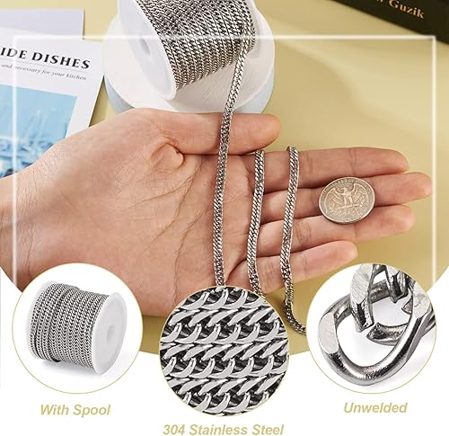 Vista 2 de Mega Pet Cadena de acero inoxidable de 16.4 pies/16.4 ft, color metálico, cadena de eslabones cubanos sin soldar, cadenas de cable facetado, cadena