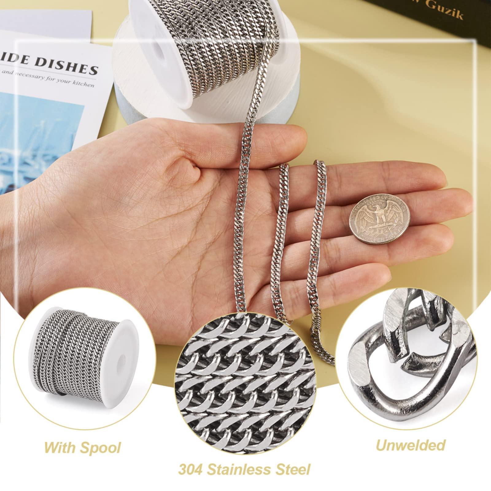 Beadthoven 1 Roll 16.40 Feet Stainless Steel Curb Chains 3.8x1.5mm Unwelded Twisted Metal Bracelets Necklaces Link Chains with Spool for Women Men Jewelry Making - Image 4
