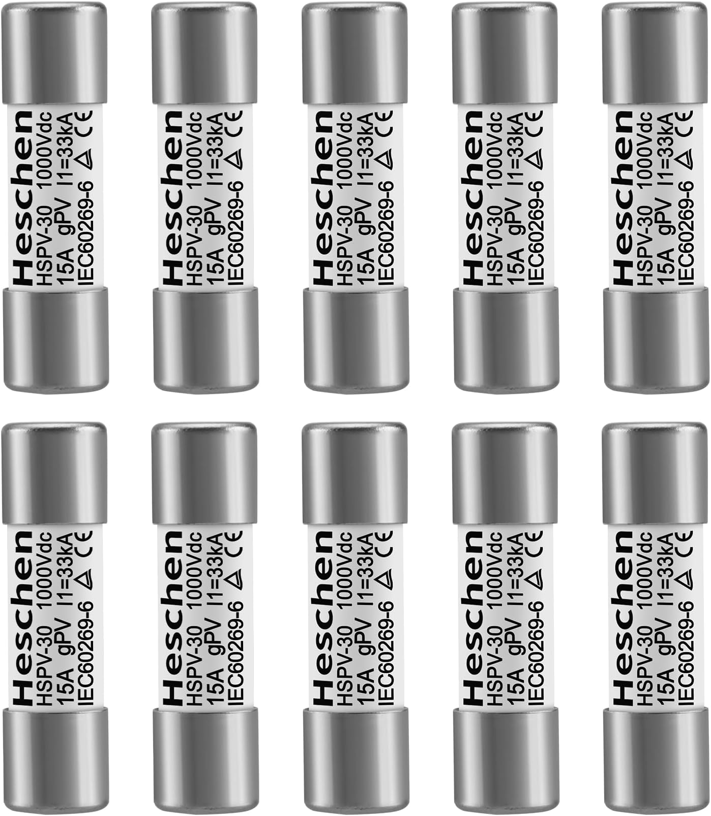 Heschen Solar DC1000V PV Fuse, Photovoltaic Fuses, gPV Type Fuse Link, HSPV-30, 10 * 38mm, 15A 1000VDC, I1 33kA, for Solar PV System Protection, 10PCS