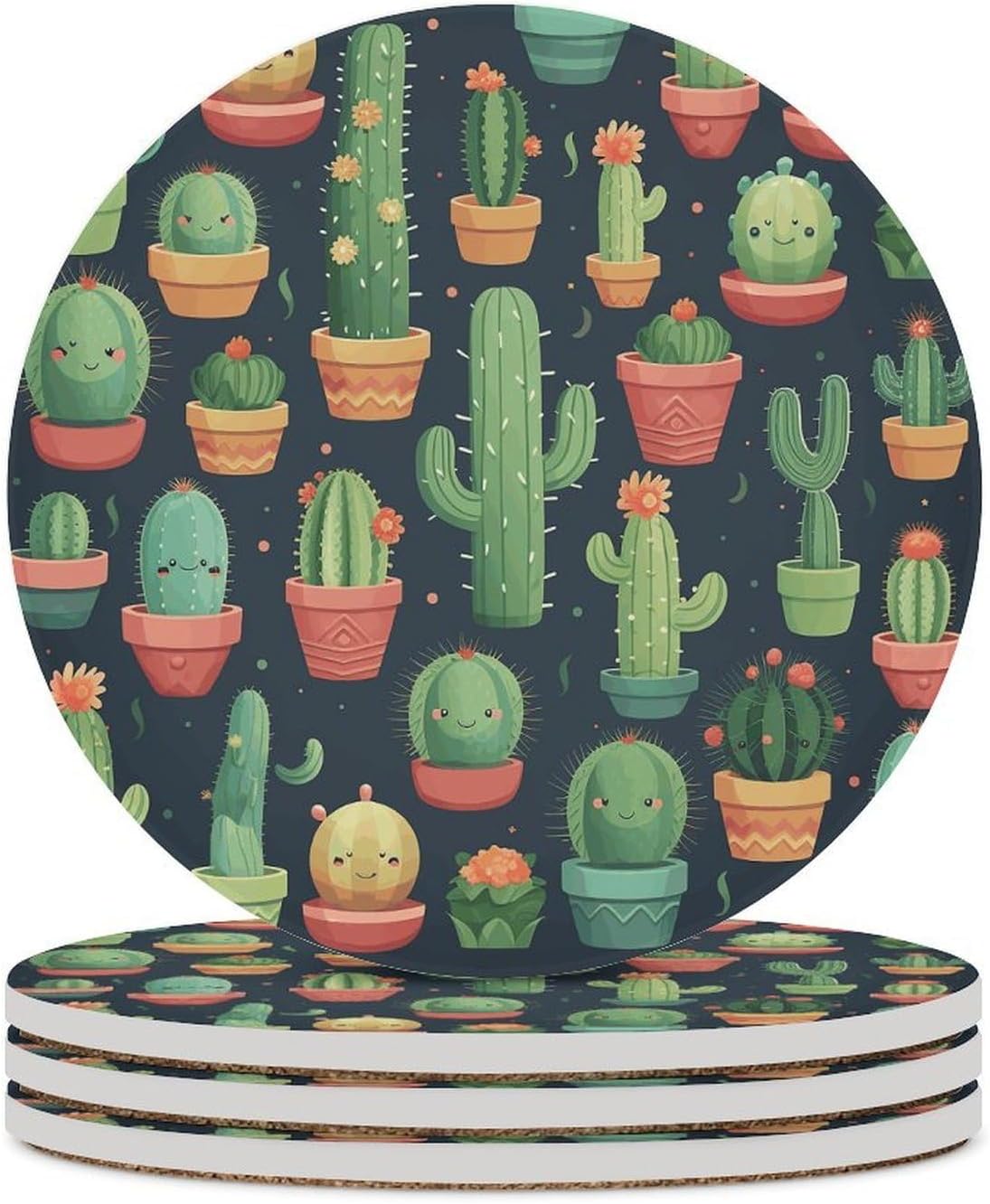 Cute Cactus Seamless Illustration Coaster with Cork Base Drink Coasters for Coffee Table Decor Modern Cup Coasters with Non-Slip & Heat-Resistant Cute Ceramic Table Coaster for Home Dining