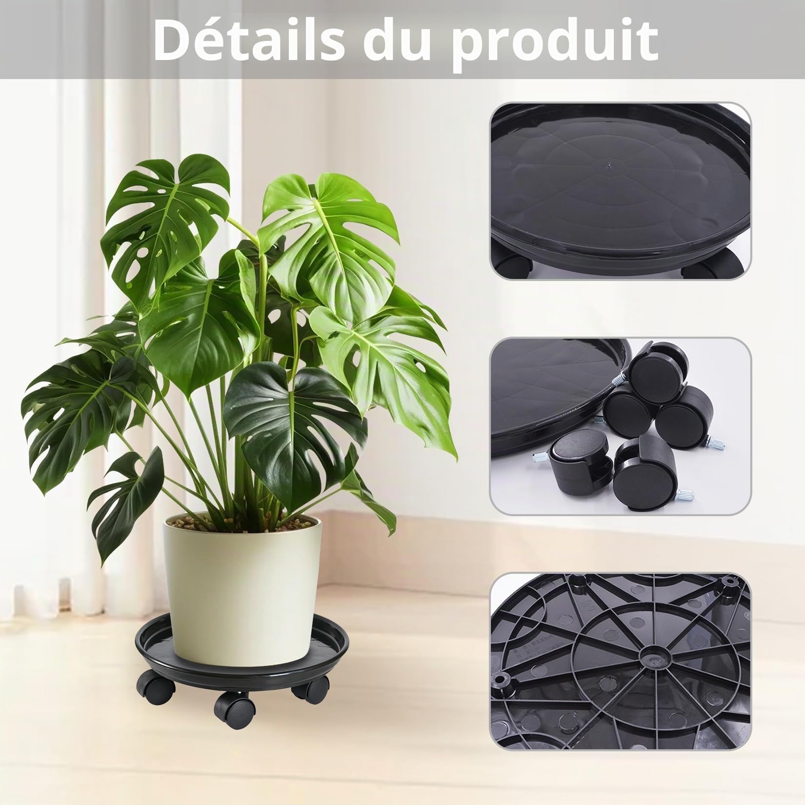 3 Pièces Chariot Roulant pour Plantes Rond Sous-Pot avec Roulettes Universelles Support pour Plantes Chariot Mobile pour Intérieur et Extérieur Capacité de Charge 50 kg 30 cm Noir