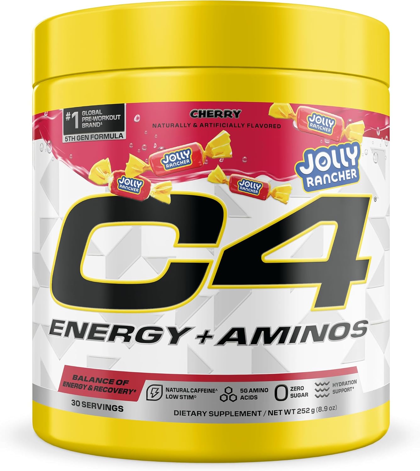 C4 Energy + Aminos Powder Jolly Rancher Cherry, 5g BCAAs & EAAs for Muscle Recovery, 3 Electrolytes for Hydration, 100mg Natural Caffeine, Pre Workout, Zero Sugar, 30 Servings