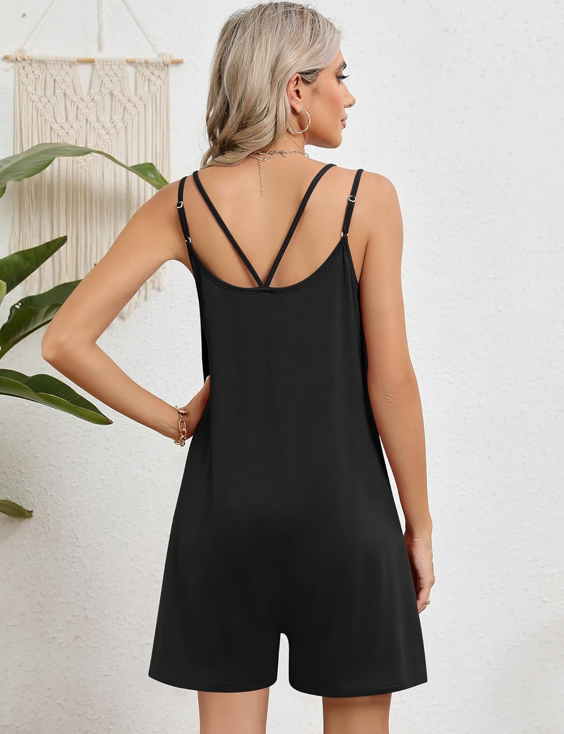 Micoson Womens Summer Casual Sleeveless Rompers Loose Adjustable Strap Stretchy Short Jumpsuits with Pockets - Image 3