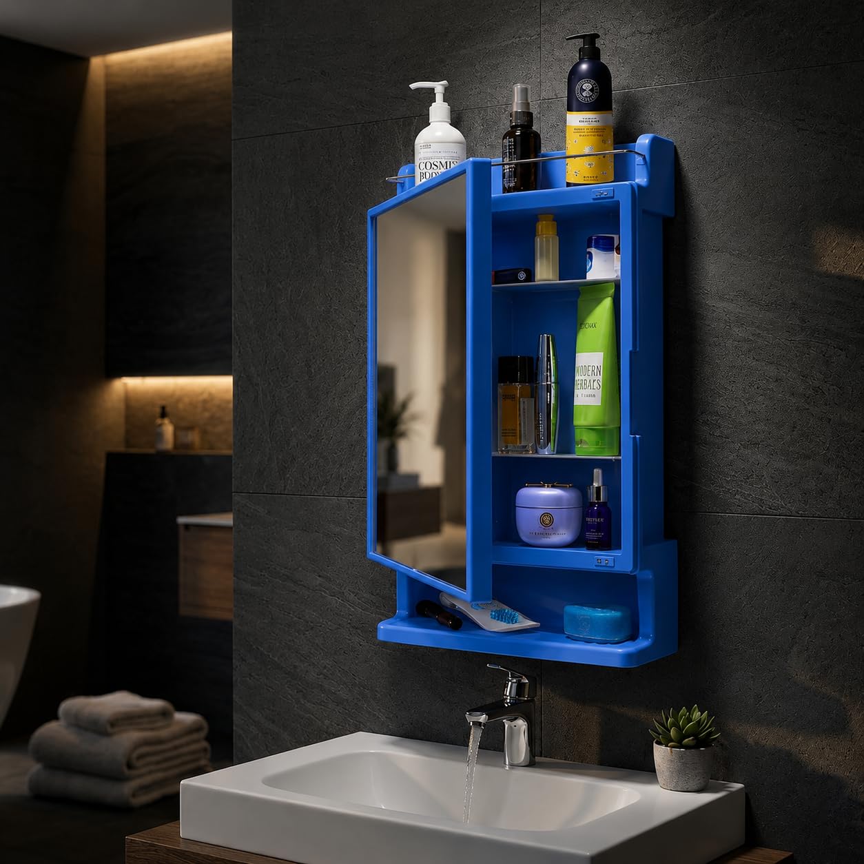 BRANCO Bathroom Cabinet with Mirror | Storage Organiser | Strong Plastic Bathroom Shelves Wall Mounted | Mirror Cabinet (Blue)