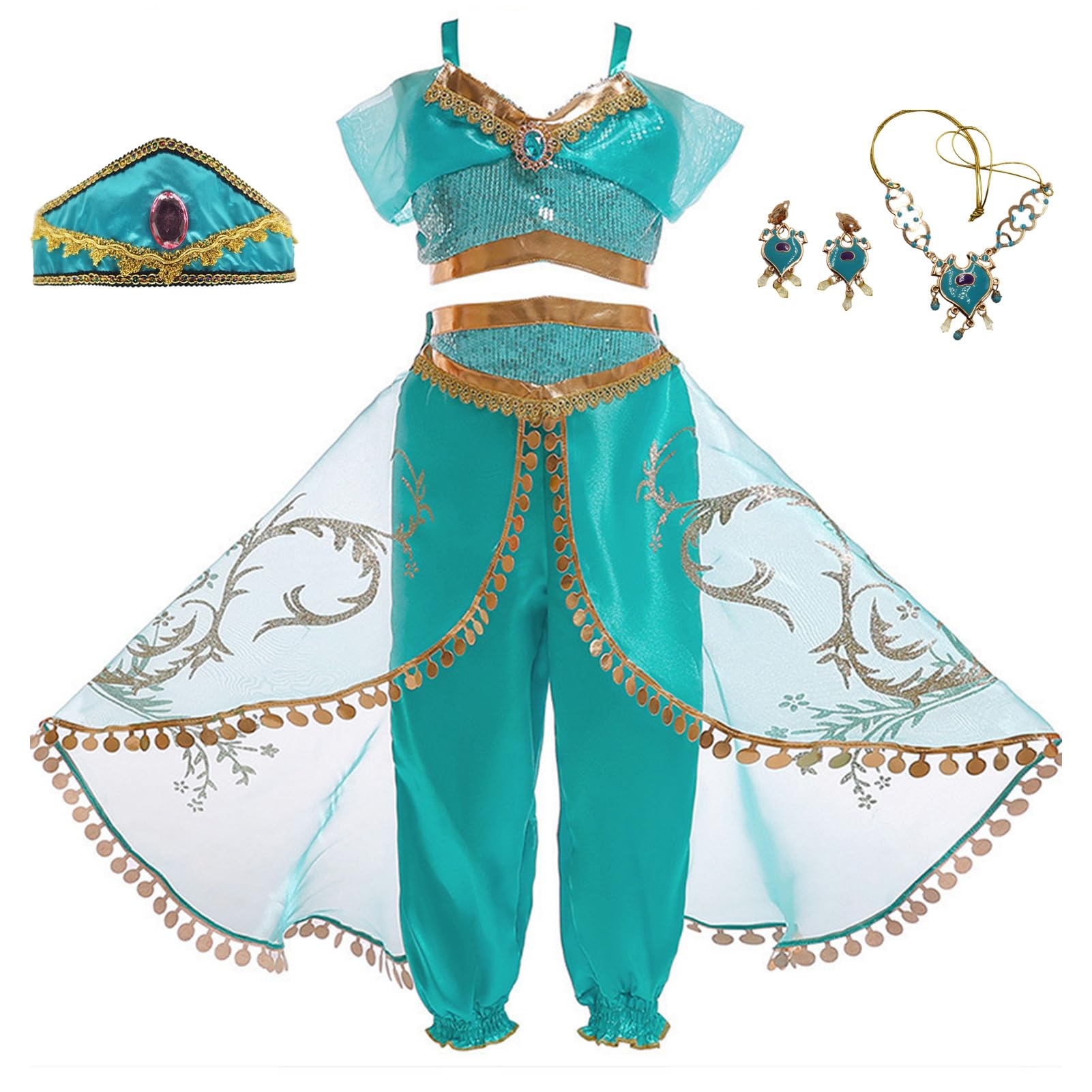 Forfamy Disfraz de Princesa Jazmín para Niña, disfraz princesa niña con Accesorios, Princesa Jasmine Disfraz, Niña Carnaval Cosplay Cumpleaños Fiestas Disfraz