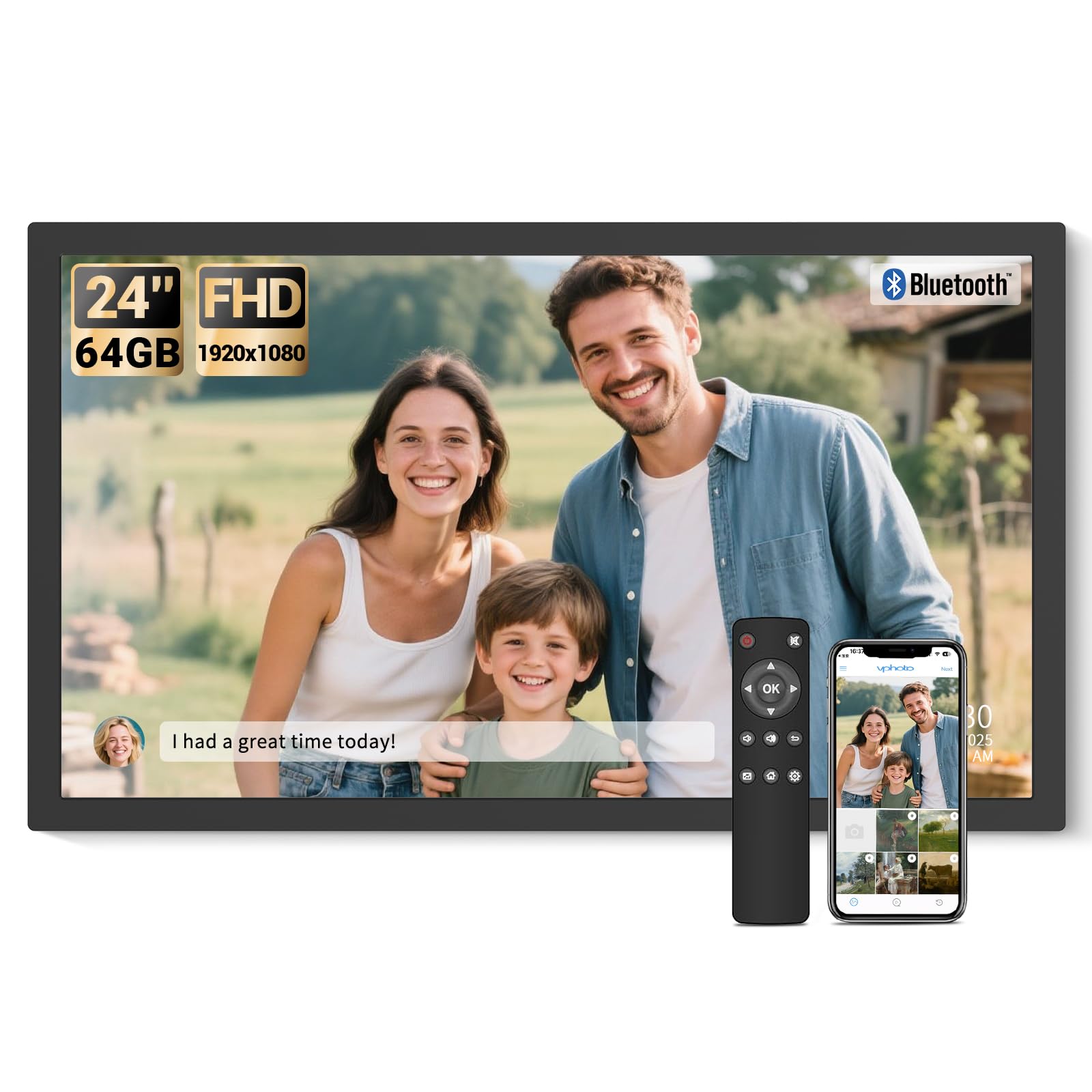 Image showing the digital picture frame displaying photos, a smartphone connected via WiFi, and a power adapter with the text 'Just plug in & use'.