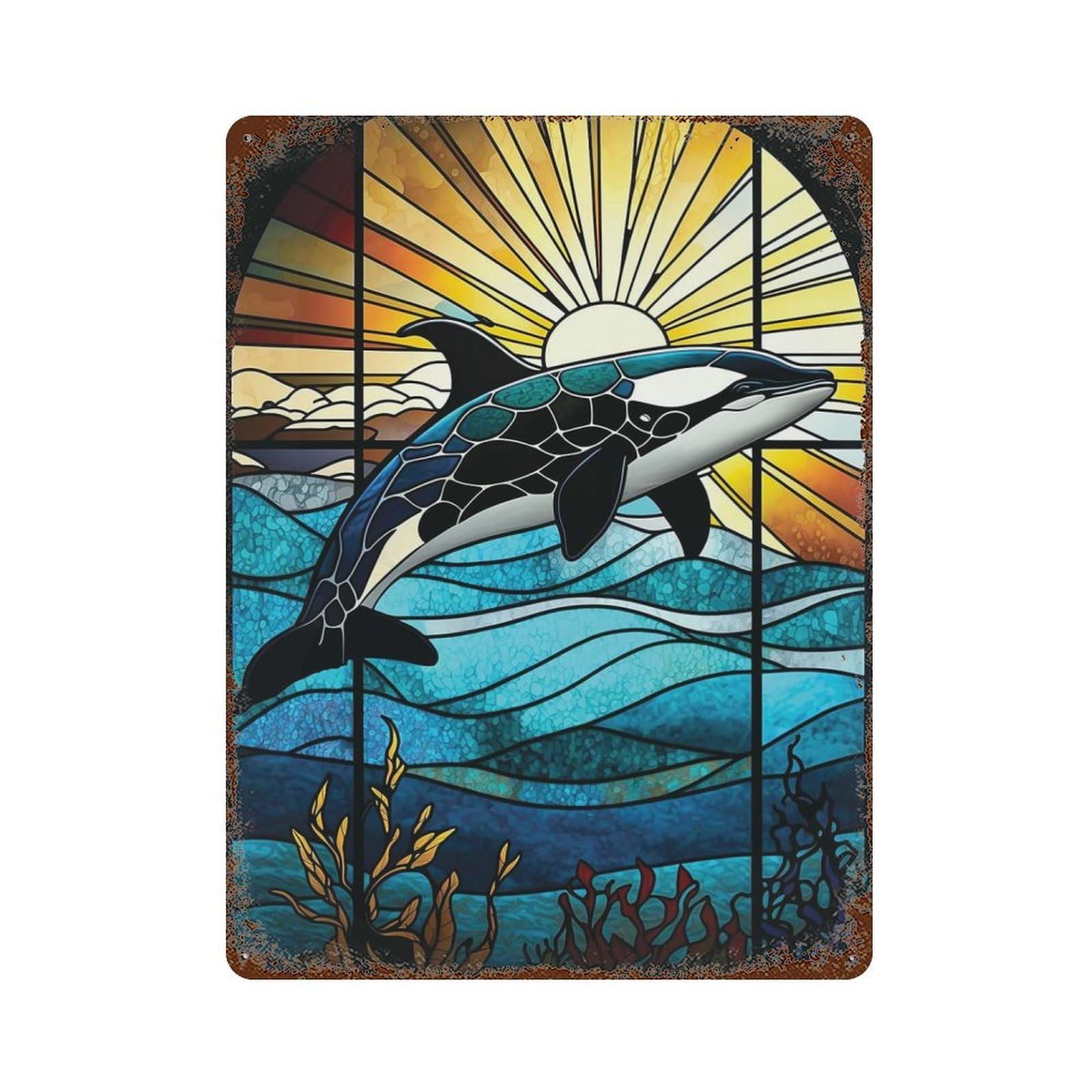 Rust Effect Orca Stained Glass Vintage Rust Metal Sign 15.7"x11.8", Farmhouse Wall Decor for Farmhouse, Kitchen And Entryway Decor