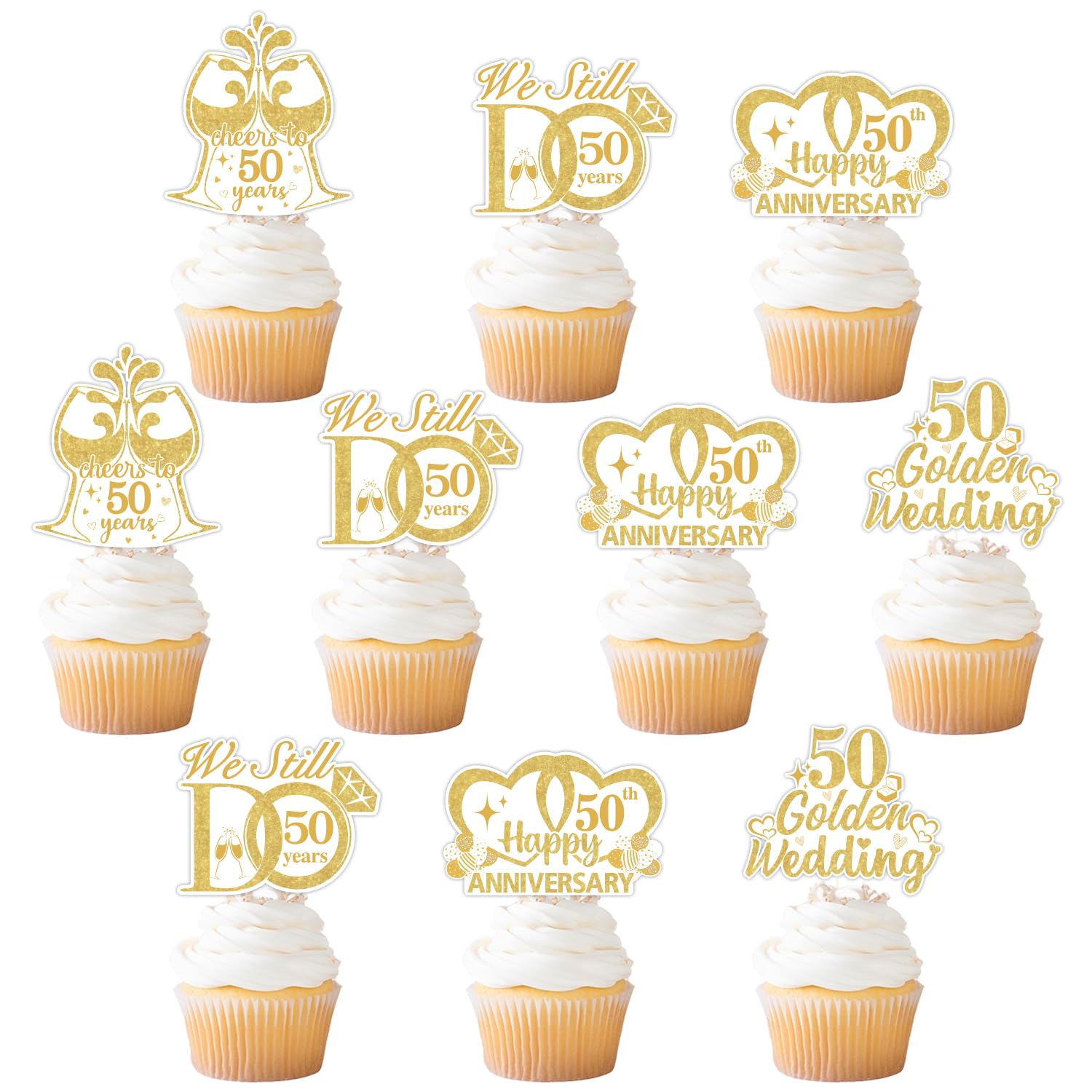 50th Wedding Anniversary Cupcake Topper, Double-Sided Printed 50th Golden Wedding Cupcake Toppers 36pcs Gold Glitter Cake Decoration for 50 Years and Love Celebration Party Supplies