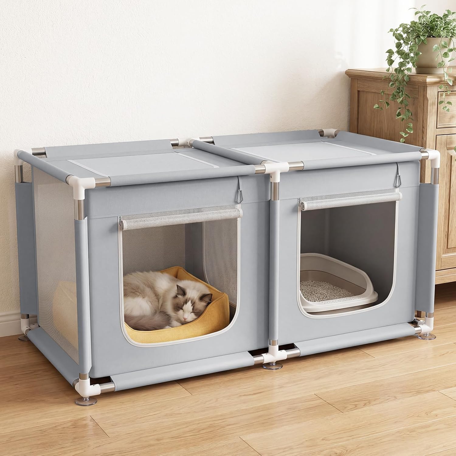 2-in-1 Cat Playpen Indoor Enclosure with Litter Areas 47"x24"x24" | Dual Compartment Design with Play & Litter Areas,Waterproof Bottom & Breathable Mesh,Sturdy Frame for Cats Kittens