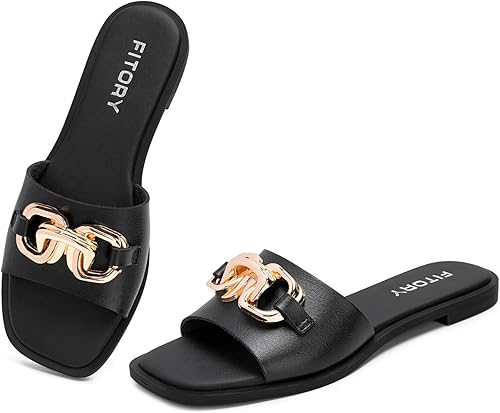 FITORY Women's Flat Sandals Fashion Slides With Soft Leather Slippers for Summer Size 6-11