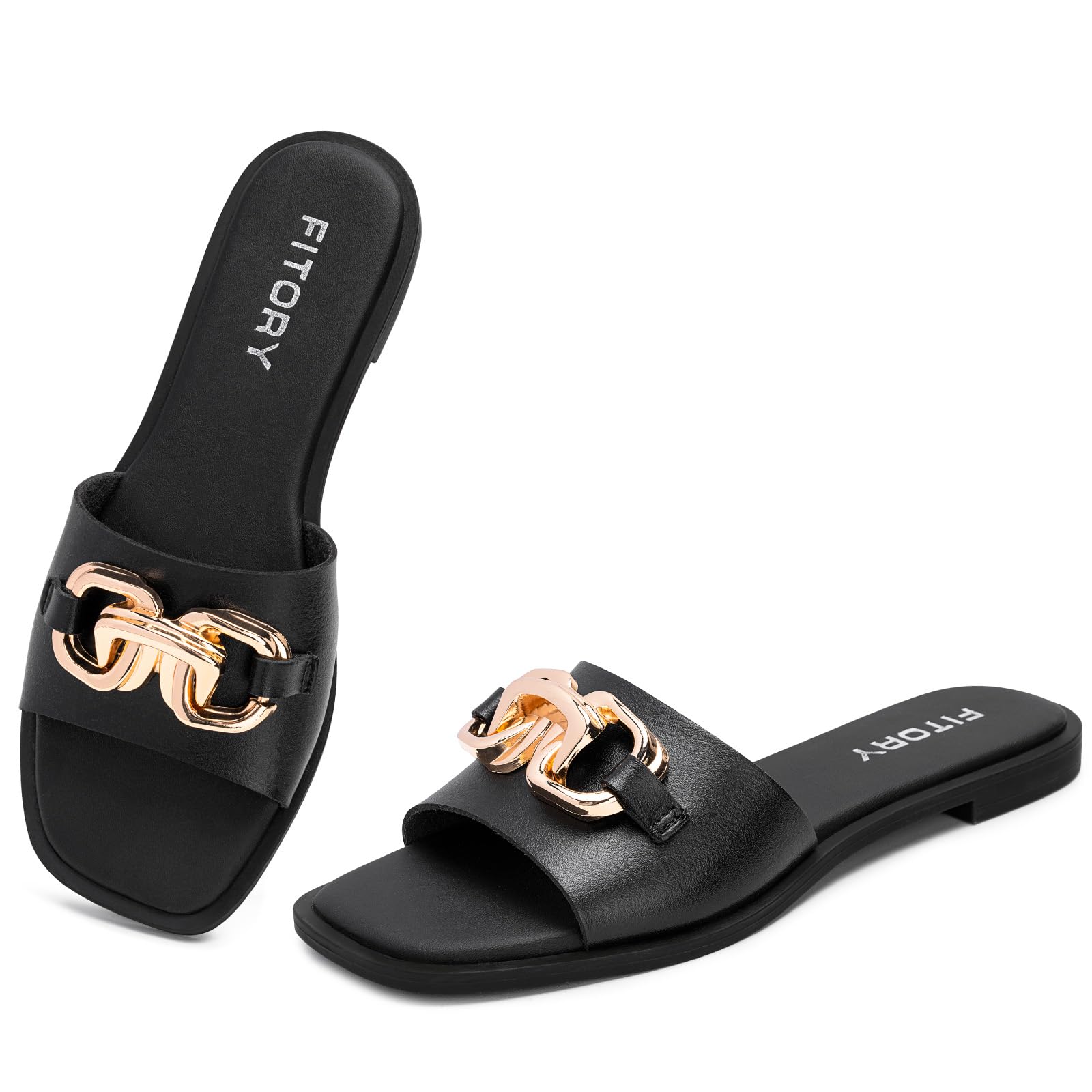 FITORY Women's Flat Sandals Fashion Slides With Soft Leather Slippers for Summer Size 6-11