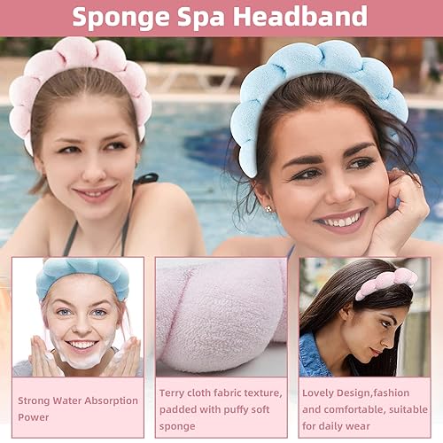 Miniatura 4 de NewBang 2 diademas de esponja de spa para mujeres y niñas, toalla de tela de toalla de tela para el cuidado de la piel, muñequeras para lavar la