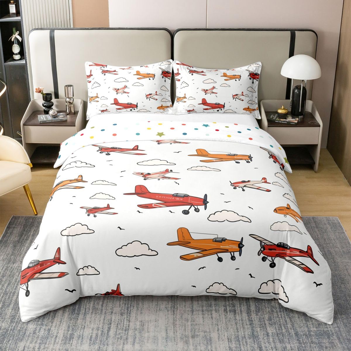 Homewish Kreskówka samolot dzieci zestawy pościeli king czerwony pomarańczowy samolot nadruk bawełna poszewka na kołdrę samolot chmury poszewka na kołdrę dla nastolatków chłopców dziewcząt, samolot