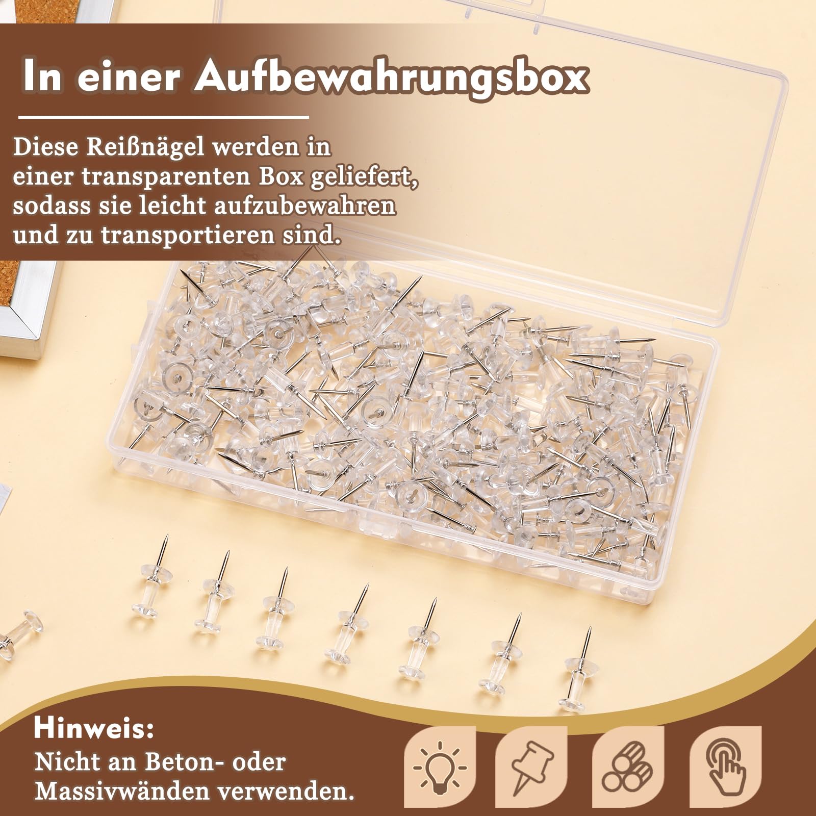 Transparente Reißzwecken 200 Stück – Mit Kunststoffkopf, Stahlspitze, Aufbewahrungsbox, Für Pinnwand, Kork, Poster