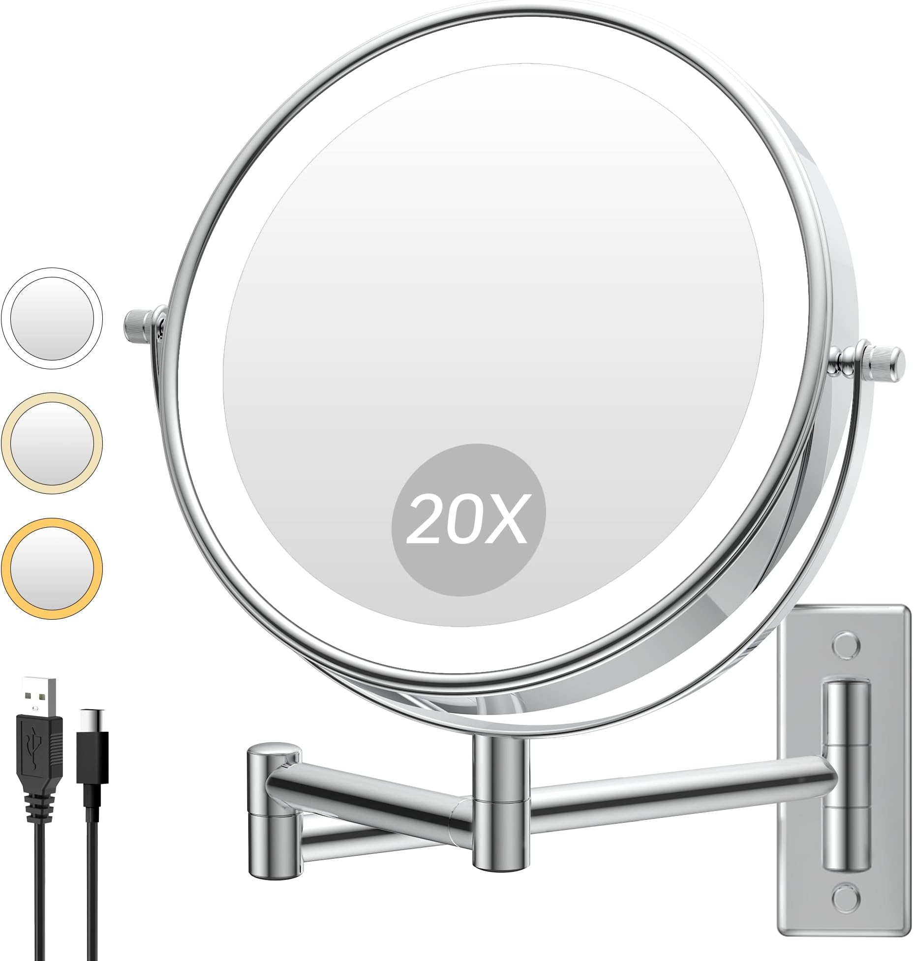 1X/20X Wall Mounted Makeup Mirror with Lights, 8" Double Sided Bathroom Magnifying Mirror with 360° Extension Arm, Dimmable, Rechargeable, Touch Control, Chrome