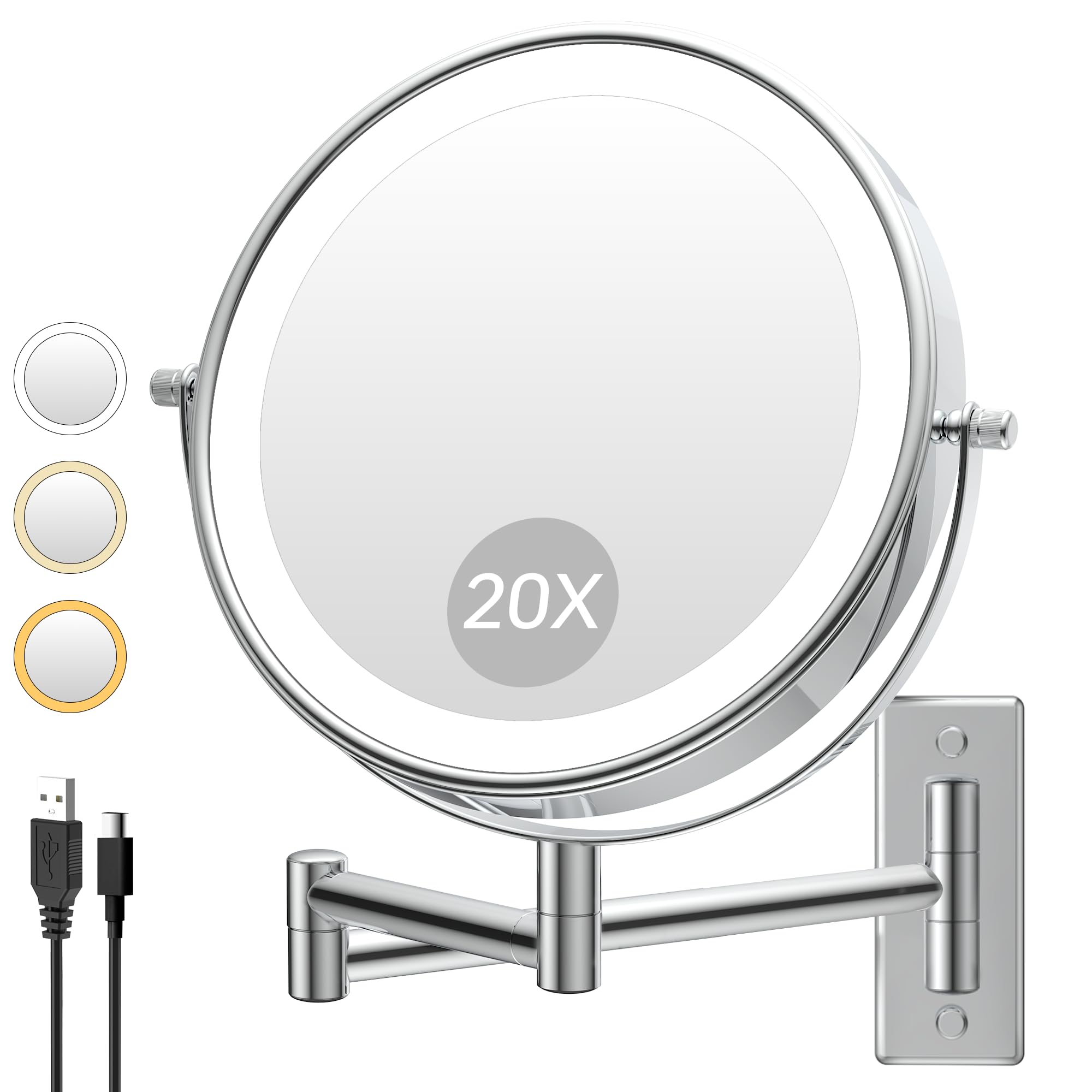 1X/20X Wall Mounted Makeup Mirror with Lights, 8" Double Sided Bathroom Magnifying Mirror with 360° Extension Arm, Dimmable, Rechargeable, Touch Control, Chrome