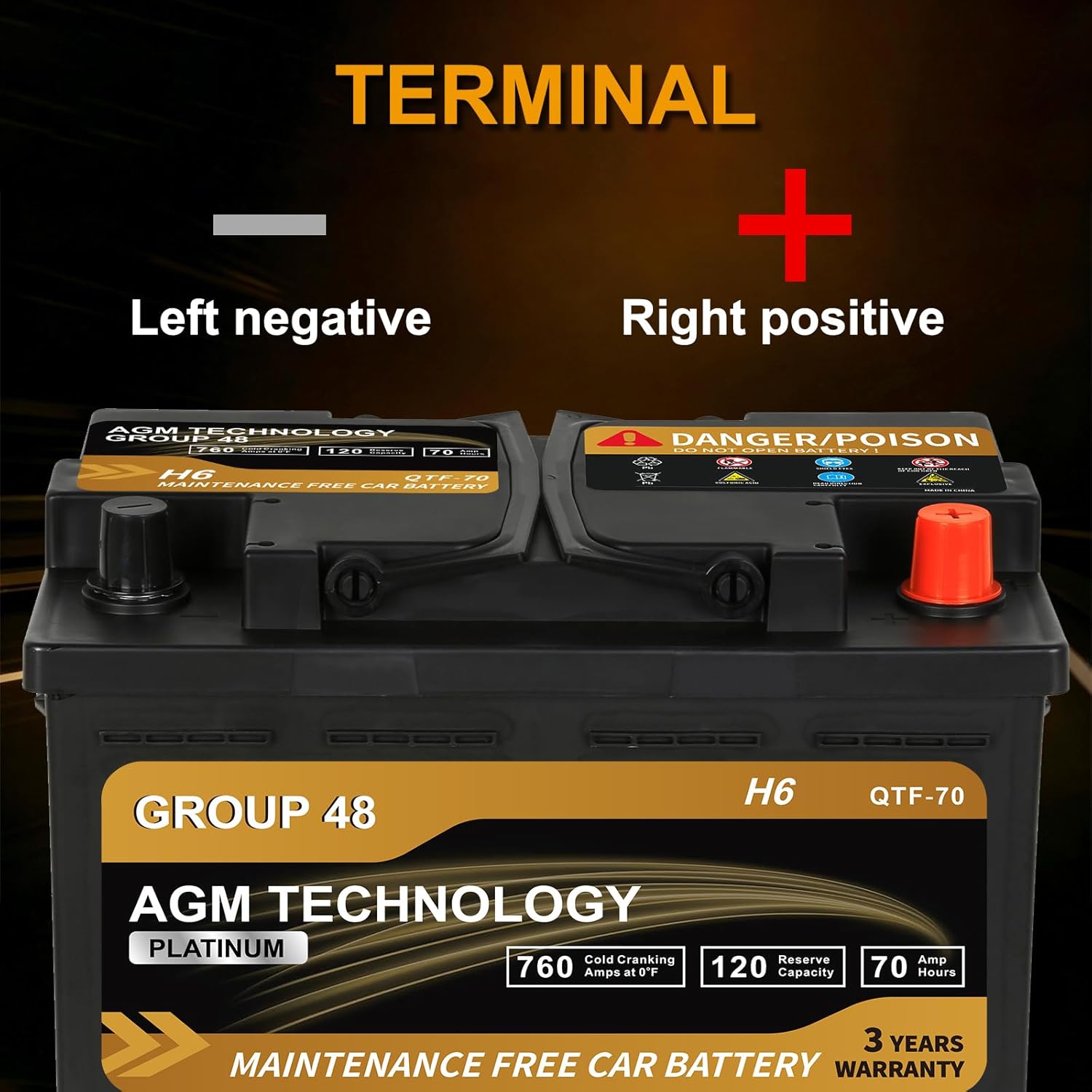 Platinum AGM Car Battery Group Size 48 H6, 12V 70Ah, 760 CCA, 120 RC, Rechargeable Start-Stop Automotive Battery with 36-Month Warranty