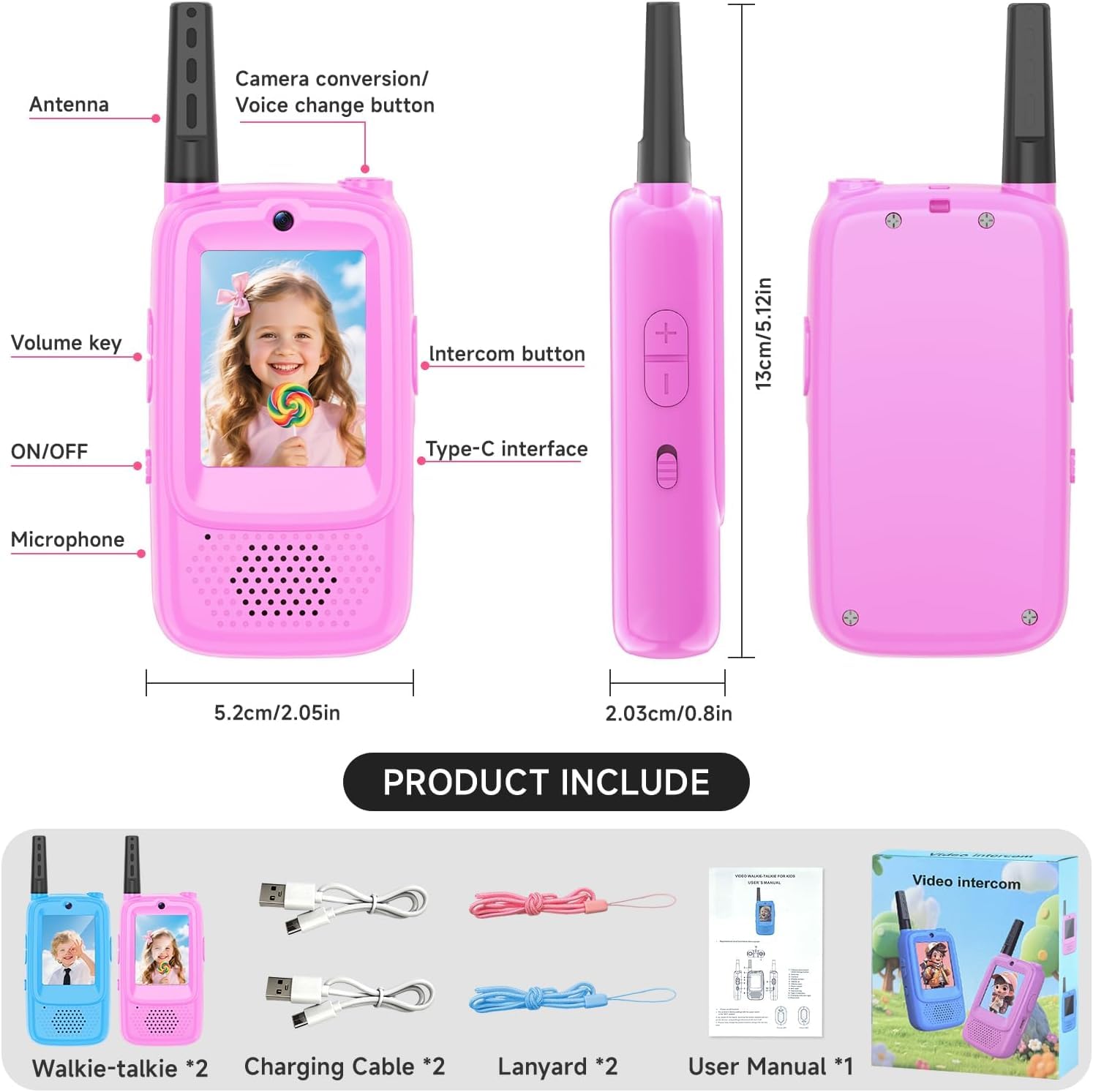 Talkies-Walkies Vidéo pour Enfants, Lot de 2, Rechargeables, à Double Caméra, Appairage Un à Un, Portée de 500m, Cadeaux Parfaits pour garçons et Filles de 3 à 12 Ans (Bleu/Rose)
