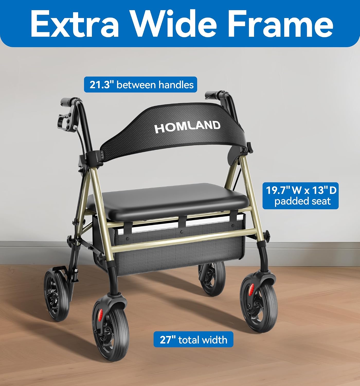 HOMLAND Bariatric Walkers for Seniors with Seat, 500lb Heavy-Duty Rollator | 19.7 Extra Wide Padded Seat, Easy to Assemble, Foldable Rolling Walker with Height Adjustable, 8 All Terrain Wheels