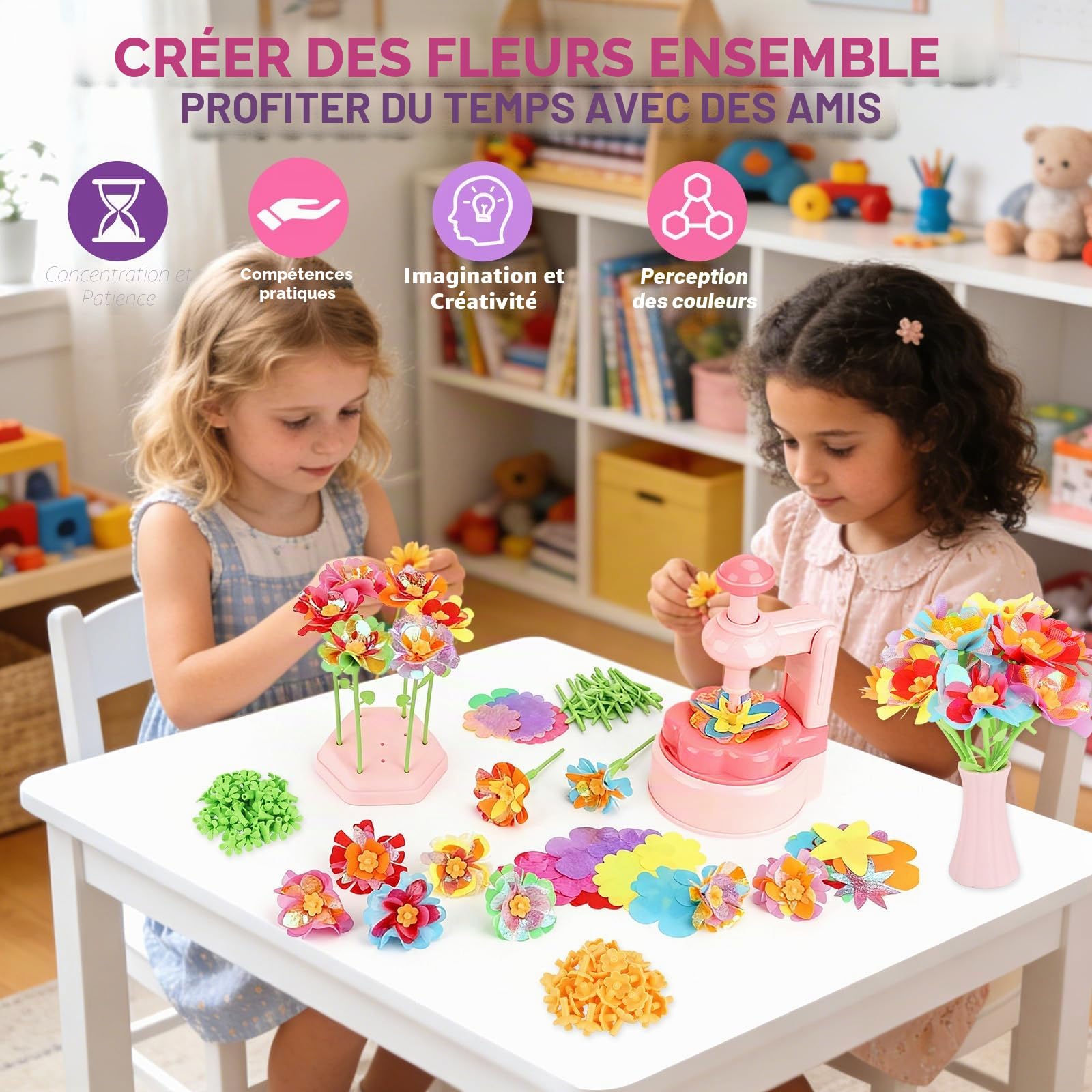 TOSUTO Activité Manuelle Enfant,Kit de Fabrication de Fleurs en Tissu,Set de Bricolage avec Machine à Fleurs et Vase,Bouquets Exclusifs pour Filles âgées de 3 à 9 Ans et Cadeaux D'anniversaire