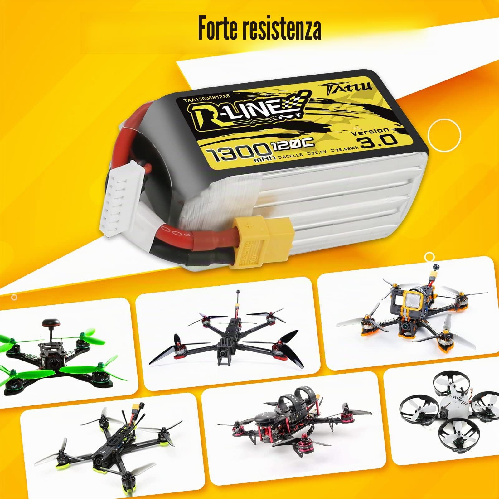 Tattu 6S Lipo Batteria 22.2V 1300mAh 120C Custodia morbida RC Batteria serie RLine con connettore XT60 per UAV Drone FPV Race RC Quadcopter