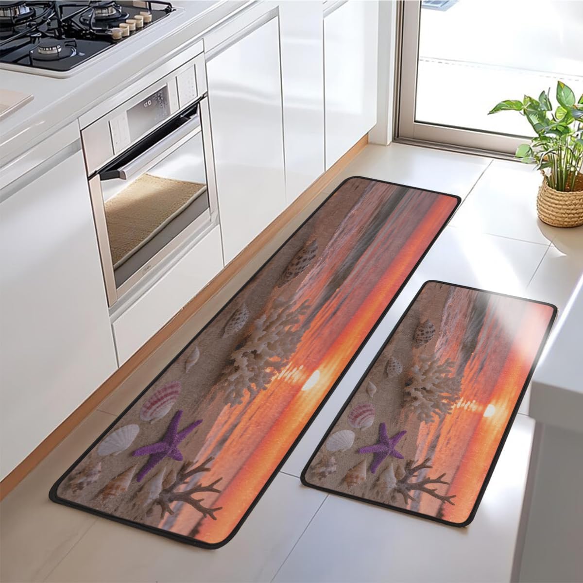 Anti Fatigue Coastal Decor Kitchen Mats for Floor 2 Piece Set, Waterproof Non Slip Boho Kitchen Floor Rugs, Comfort Standing Mat for Sink Laundry & Home Kitchen 17"x47"+17"x29"