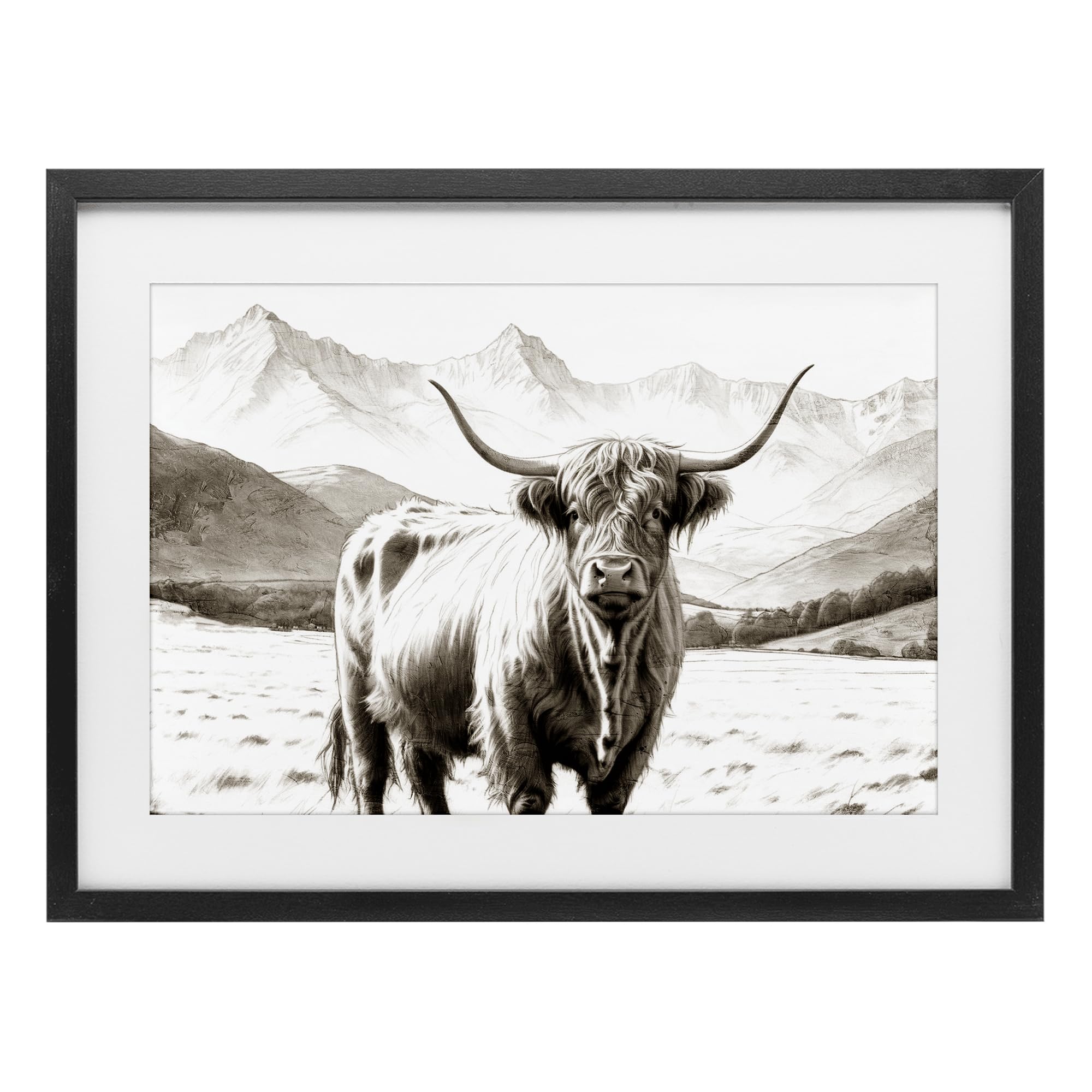 Stupell Industries Midnight Black (Textured) Highland Sepia Sketch Rustic, 17 X 23 Inch Framed Print Under Glass
