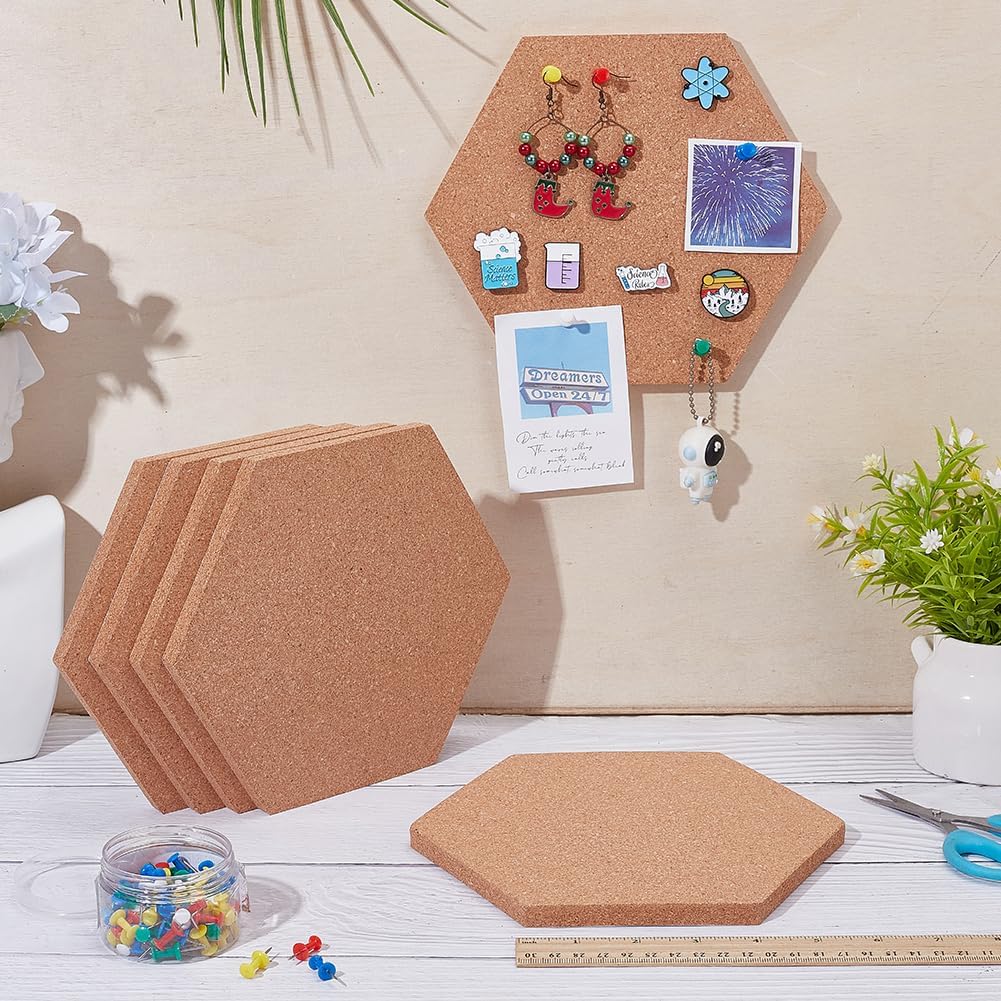 arricraft 6 Pcs Hexagon Cork Board Tiles Self Adhesive, Cork Boards with 80 Pcs Plastic Push Pins Decorative Bulletin Board for Wall Office Home Kitchen 20x17.4x1.1cm(7.9x6.9x0.4inch)
