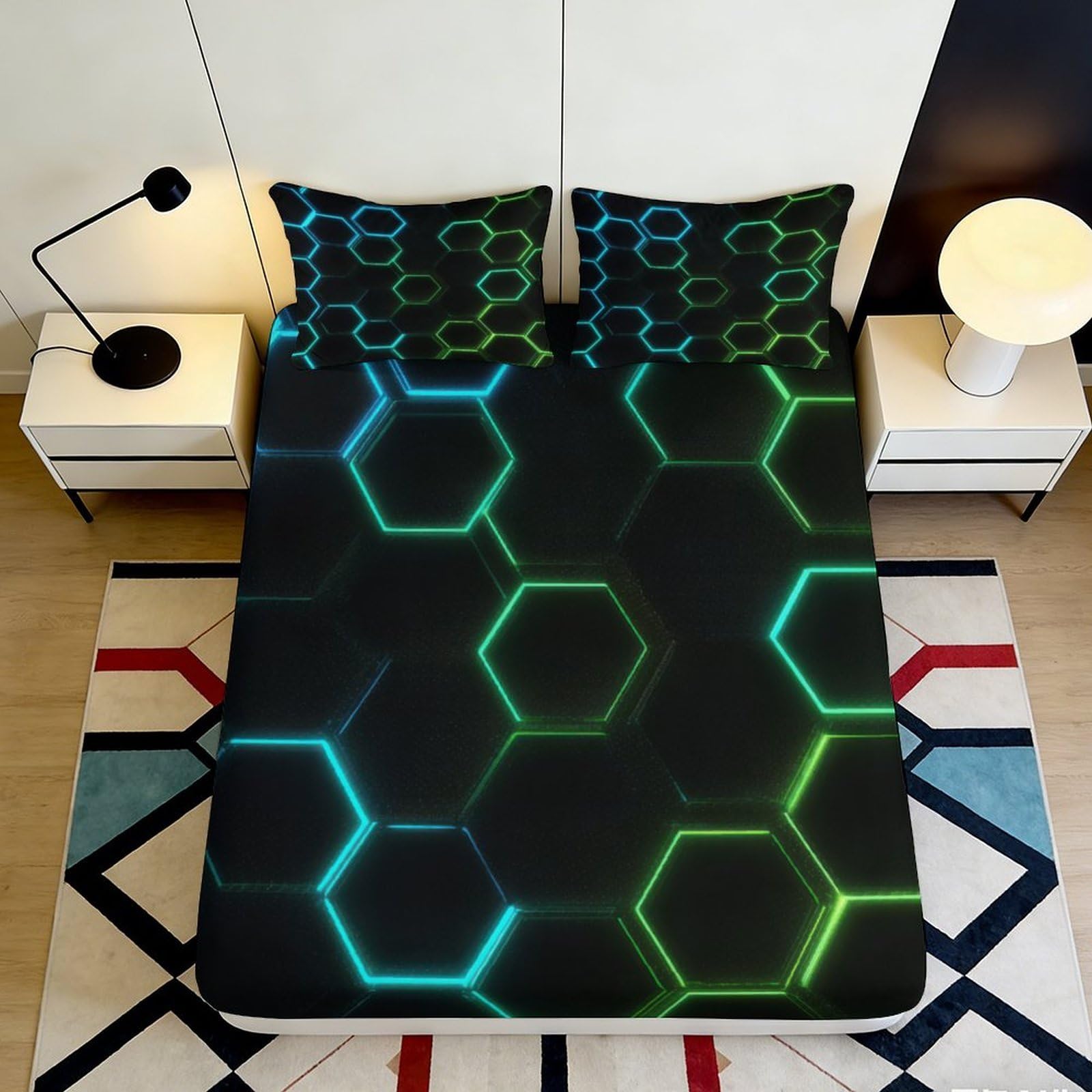 3D Printed Neon Hexagon Fitted Sheet Microfiber Soft Breathable Geometric Bed Cover for Bedroom Dormitory Guest Room Mattress Protection 200x200x25cm