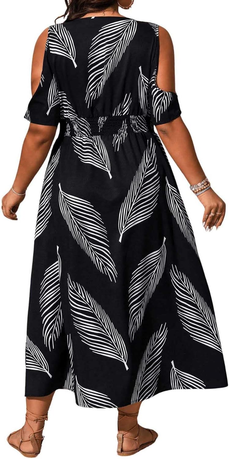Floerns Women's Plus Size Cold Shoulder Tropical Print V Neck Flared A Line Long Dress - Image 2