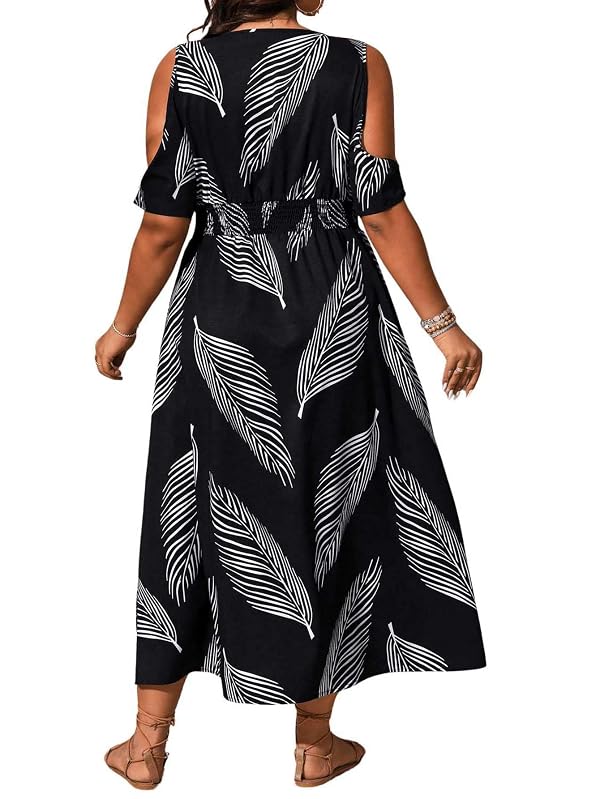 Floerns Women's Plus Size Cold Shoulder Tropical Print V Neck Flared A Line Long Dress Black and White 3XL by Floerns - Used condition - Image 2