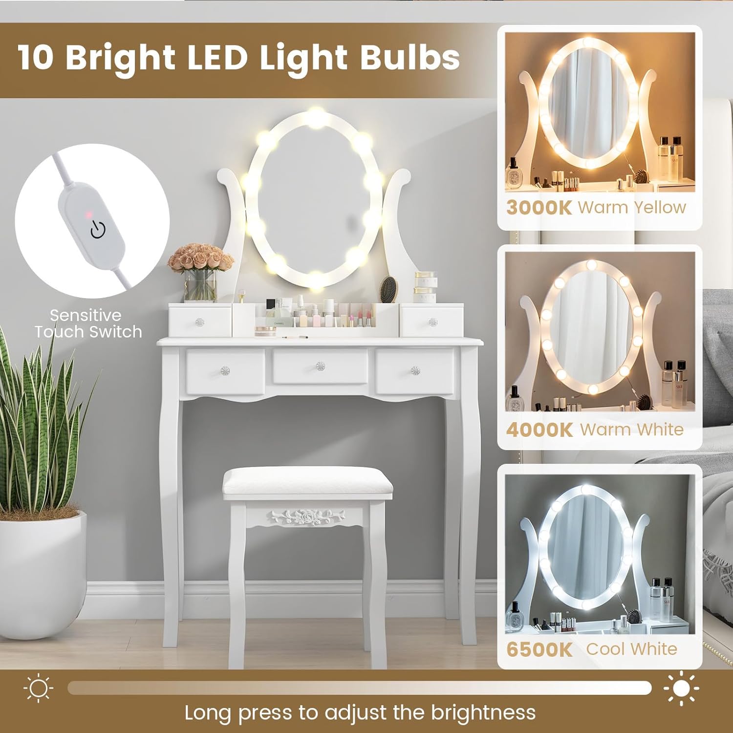 CHARMAID Vanity Desk with Lighted Mirror, Makeup Vanity Table with 10 LED Lights, 3-Color Light Setting, Adjustable Brightness, 5 Drawers, White Dressing Set with Cushioned Stool for Girls