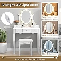 Vista 44 de CHARMAID Mesa de tocador para niñas con espejo iluminado y taburete, 10 luces LED regulables, 3 modos de iluminación de color, 4 cajones, mango