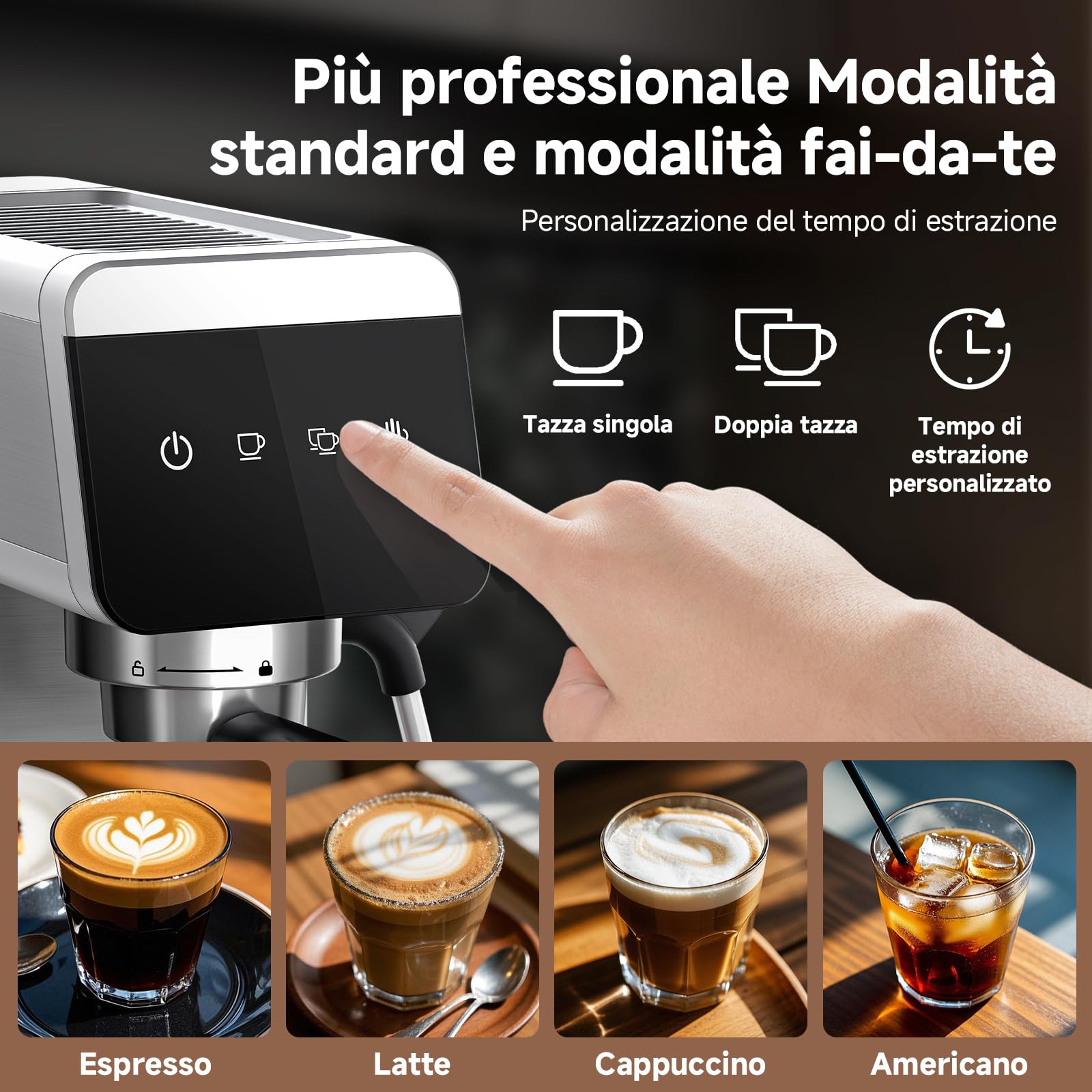 AMZCHEF Macchina da caffè con portafiltro, 20 bar con display LED, macchina da espresso 2-in-1 da casa con serbatoio removibile da 1,2L, per regali, macchina per caffè in acciaio inossidabile compatta