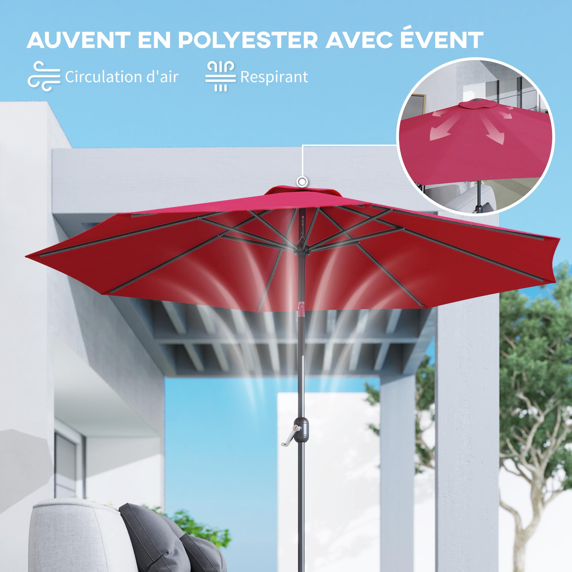 Outsunny Parasol de jardin extérieur Parasol droit inclinable Ø 3 m en métal Rond Polyester 180g/m² manivelle inclinable Bordeaux